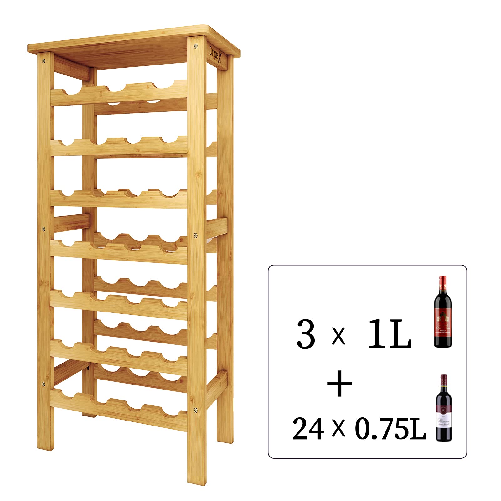 Dripex Range Bouteille, Casier à Vin à Bouteilles en Bambou - 7 Étagères - Range 27 Bouteille pour Cuisine, Bar, Cave à Vin, sous-Sol-47x29x102cm (LxlxH) | En bambou, avec plateau de table, montage facile