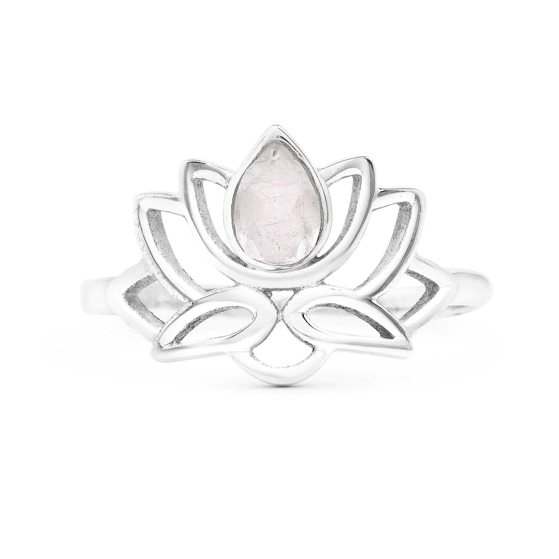 Cut Pear Moonstone Lotus 925 Sterling Silver Ring - Delicate BOHO Chic Jewelry - Fashionable and Stylish for Girls and Women with Velvet Gift Bag - Made by Indian Artisans - Size 5-10 By Koral Jewelry
