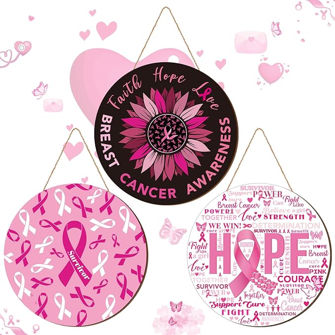 3 Pcs Breast Cancer Awareness Decoration Pink Ribbon Front Door Decor Signs Faith Hope Love Wooden Wreath Breast Cancer Awareness Door Hanger for Farmhouse Home Office Decor