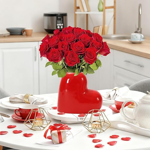 JarThenaAMCS Mother’s Day Heart Ceramic Vase Cute Red Heart Shaped Flower Vase for Valentine's Day Women Girls Gift Indoor Outdoor Garden Living Room Home Party Table Centerpiece Decor