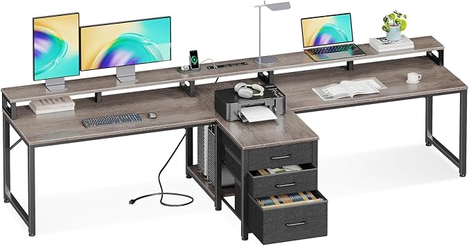 Coleshome 94" Two Person Computer Desk with Power Outlet & USB Ports, Extra Long Home Office Desk with Fabric Drawers, File Cabinet & Monitor Stand, Oak Gray