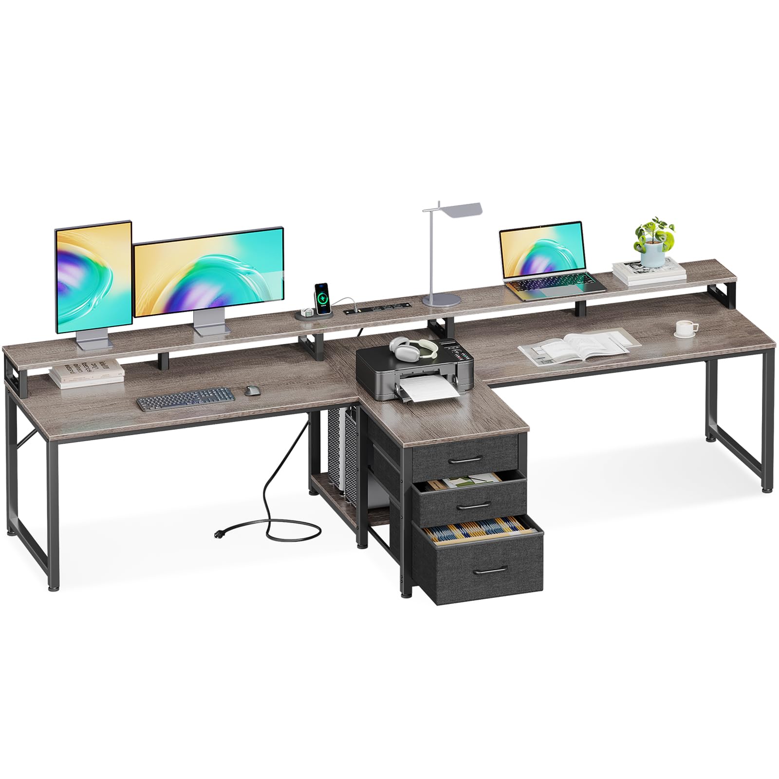 Coleshome 94" Computer Desk with Fabric Drawer & File Cabinet- 2 Person Home Office Desk with Power Outlet, Long Writing Desk with Monitor Stand, Storage Shelves, Oak Gray