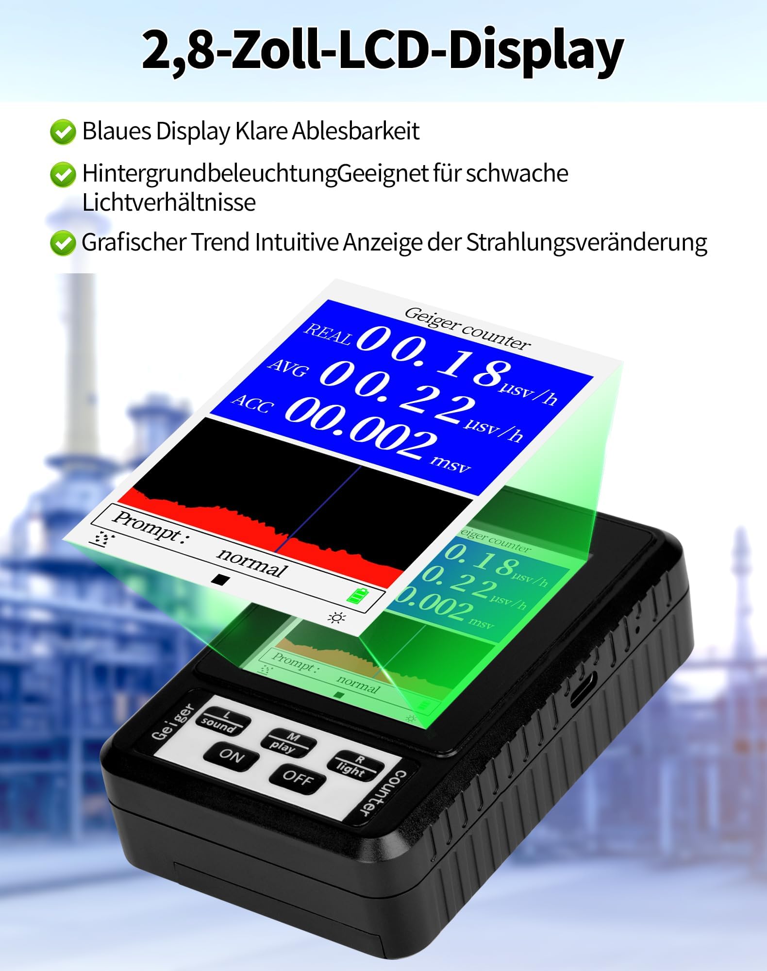 Geigerzähler Radioaktivität Strahlungsmessgerät – Dosimeter zur Messung von Beta Gamma Röntgen, Nuclear Radiation Detector mit LCD Display & Alarmfunktion