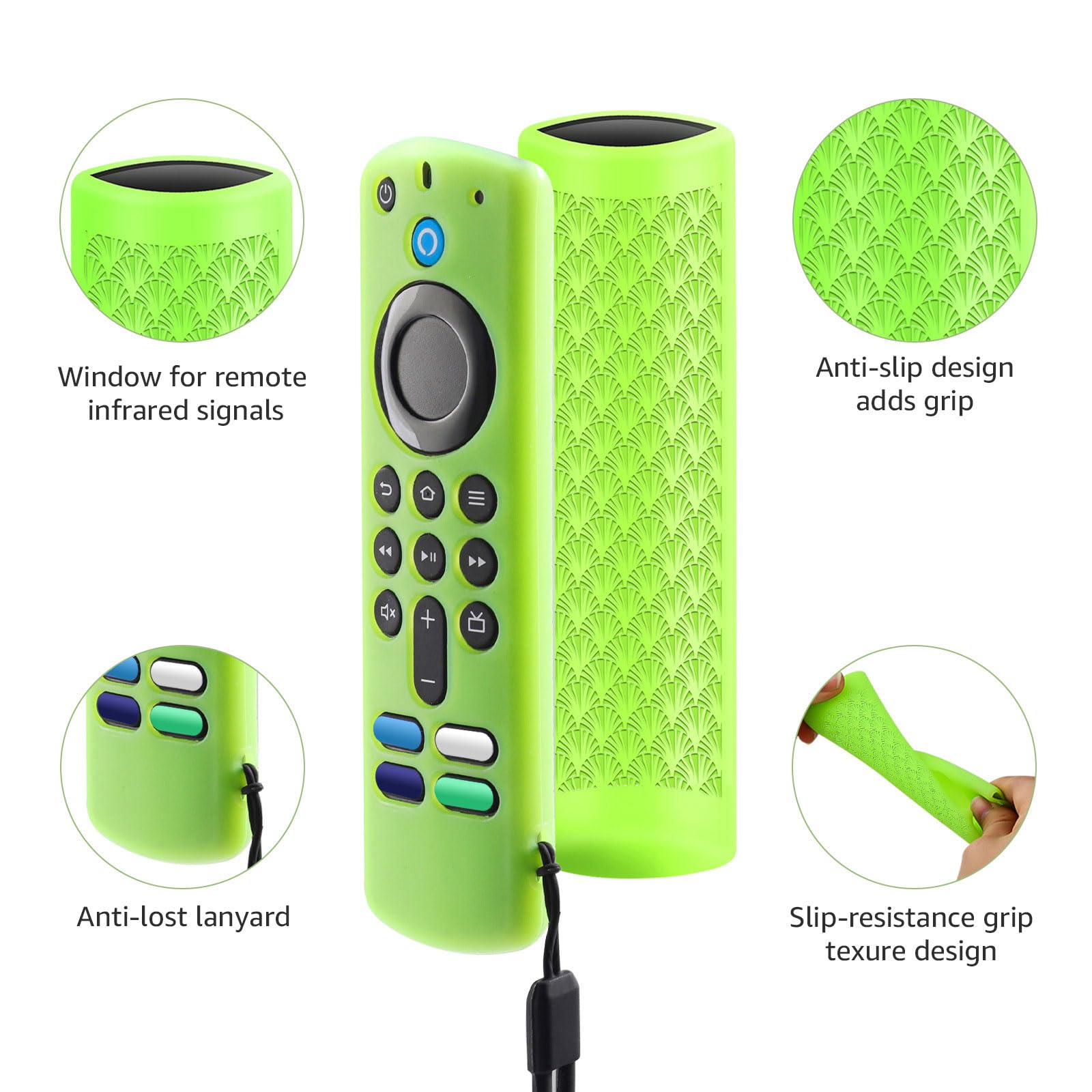 Paquete de 3 fundas de silicona para mando a distancia, funda protectora de silicona antideslizante que brilla en la oscuridad con cordón (verde brillante, rosa brillante y azul)