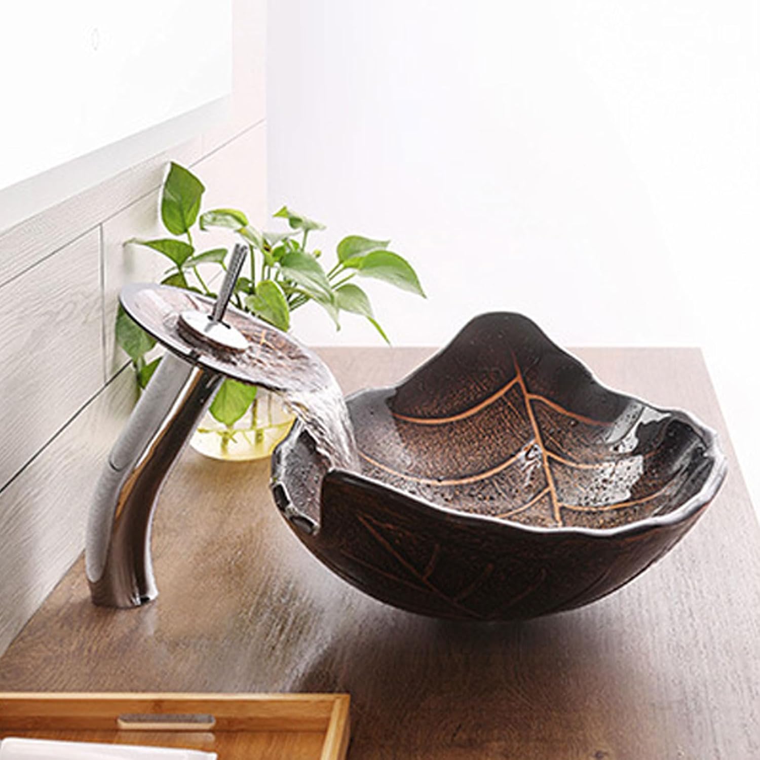 Leaf Shape Vessel Sink Set Tempered Glass Bathroom Bowl + Waterfall Faucet & Drainage System, Anti-Scratch Surface for Durability,Brown