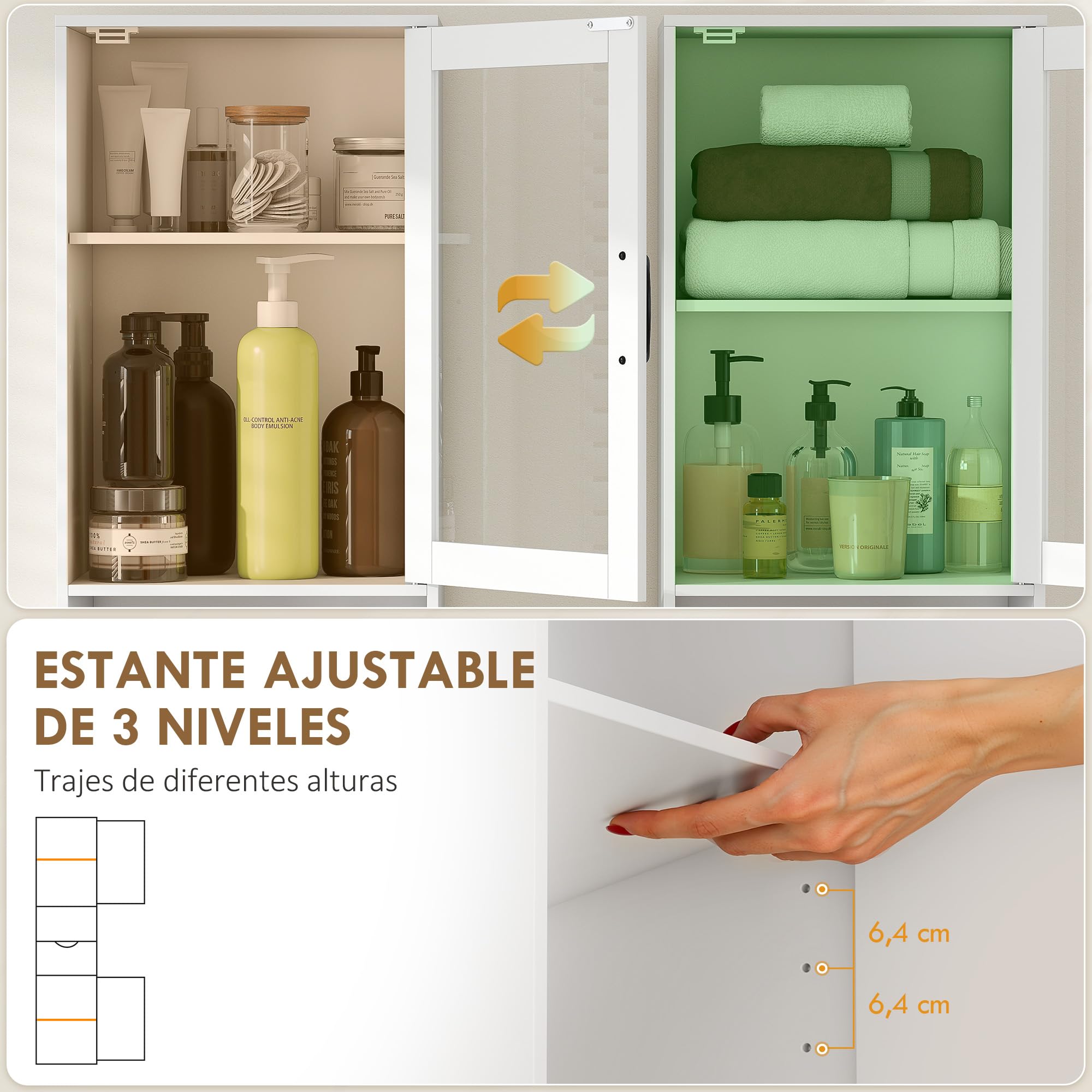 HOMCOM Armario de Baño Alto, Mueble Auxiliar de Baño con Puerta de Vidrio, Estantes Ajustables, Cajón, Estante Abierto, Columna Estrecha para Espacios Pequeños, 40x30x165 cm, Blanco