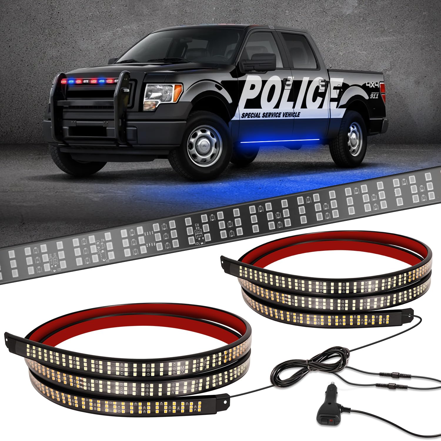 HLauto HL070 2PCS 70inch Emergency Strobe Light Strips: 1,296 LEDs Running Board Safety Warning Flashing Police Light Blue Flexible Hazard Light Bar for Pickup Trucks Construction Vehicles