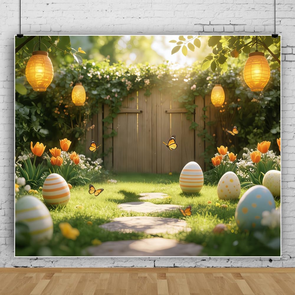 10x8ft Easter Backdrop Spring Garden Backdrops for Photography Wooden Fence Eggs Greenery Floral Photo Background Spring Birthday Garden Party Decorations Family Easter Props for Photoshoot