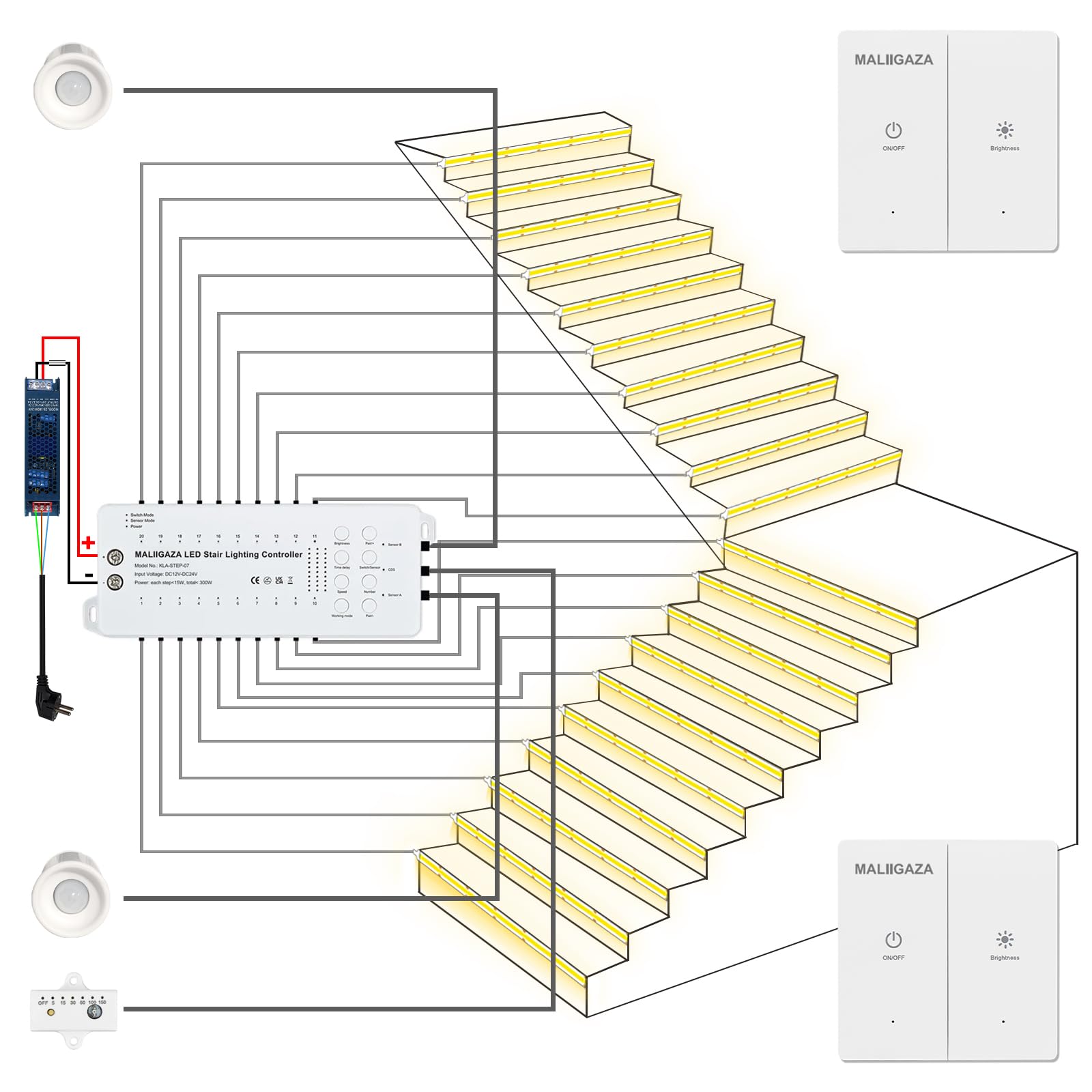 Smart LED Treppenbeleuchtung 20 Stufen Warmweiß 3000K – Intelligentes Automatisches Treppenlicht System mit Bewegungssensor, Lichtsensor & Doppelschalter, Einfache Installation, Innenlicht Set