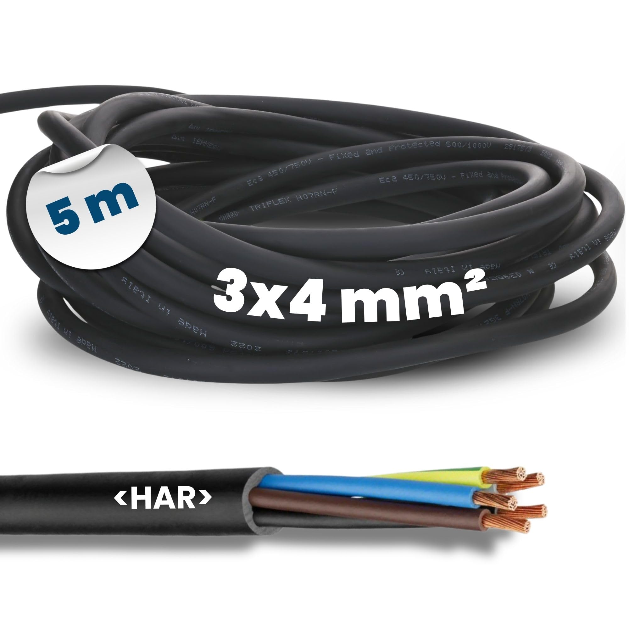 Kalitec Câble en Caoutchouc H07RN-F 3G4 mm² - 5 m Câble de Chantier Noir