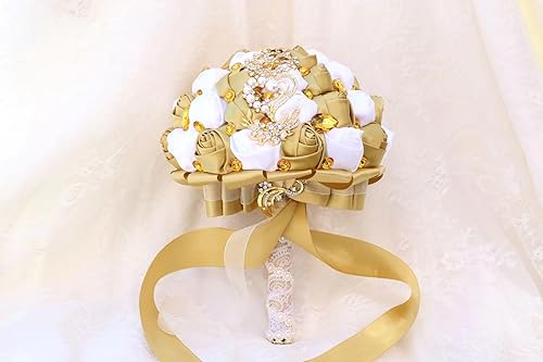 Jellybro Ramos de boda hechos a mano para novia, dama de honor, ramo artificial de lanzamiento de flores (blancodorado, 8.3 in, 1 unidad)