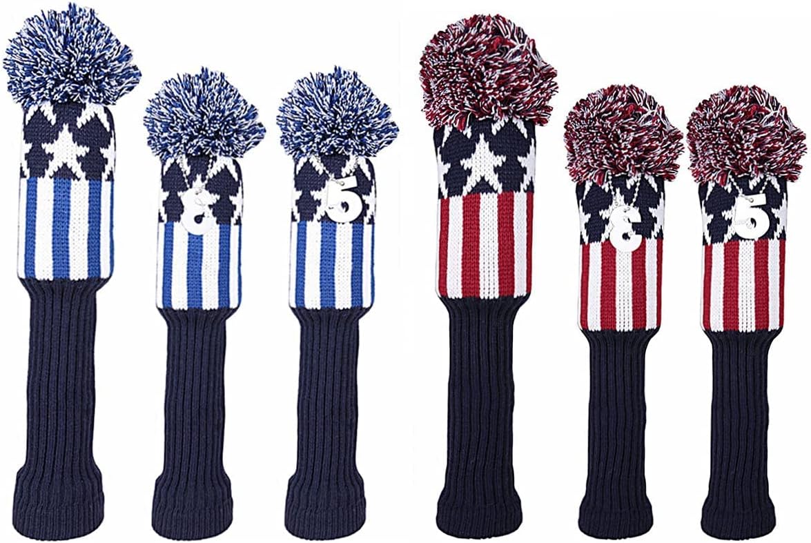 Golf Builder 3pcs USA Stars and Stripes Knitted Golf Head Cover Driver Fairway Wood Pom Pom Head Cover Sock Covers