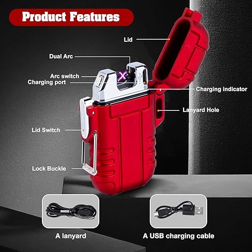 Miniatura 3 de LcFun - Encendedor impermeable, a prueba de viento, recargable por USB, plasma, sin llama, eléctrico, con cordón, para supervivencia, táctico, EDC,