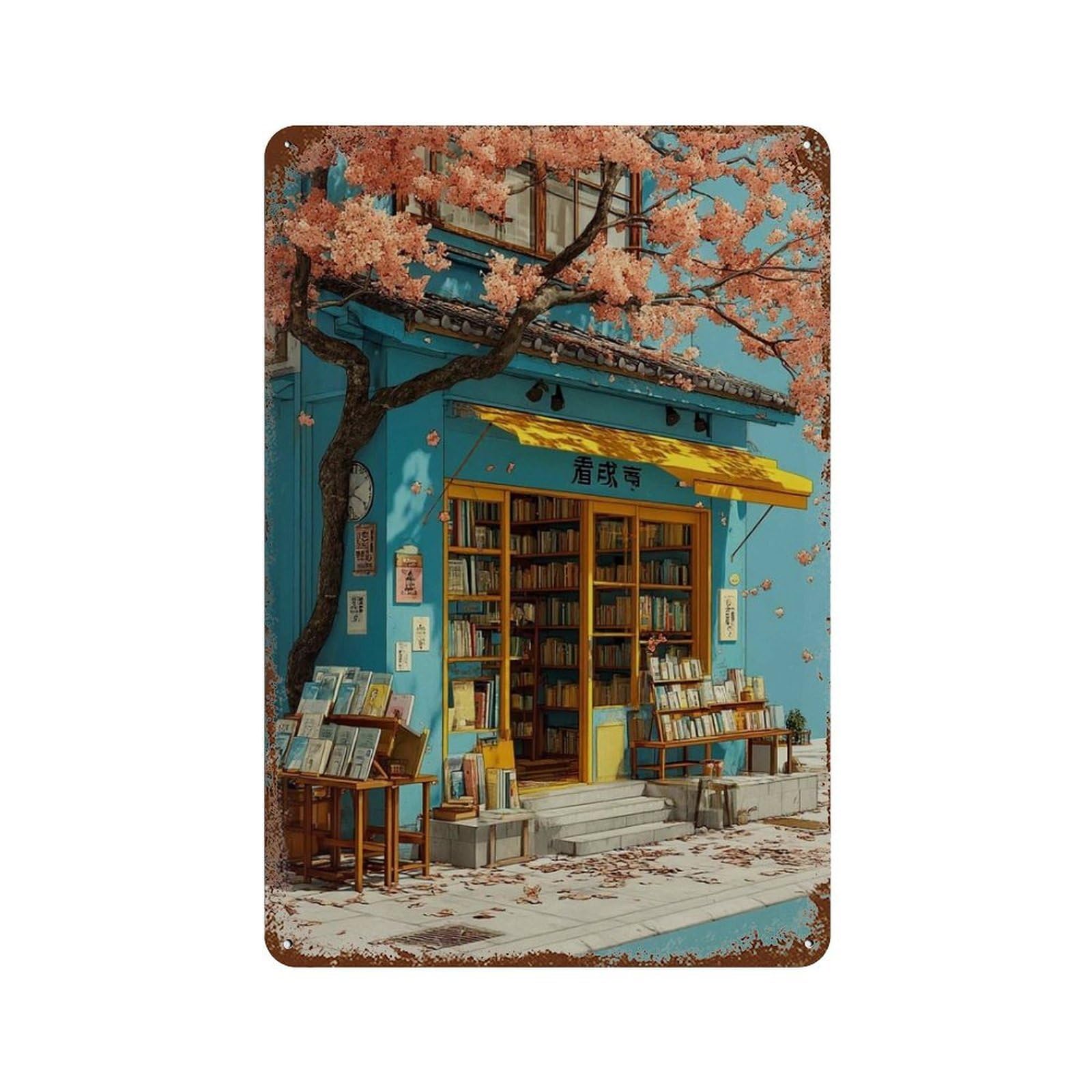xiaoxiaoshen Japanese Bookstore Cherry Blossom Street Blue Book Shop Asian Spring Sakura Tree Wall Decor Art Metal Tin Poster Modern Home Decor Art Home Bar Shop Decorations Vintage Sign 30x20cm