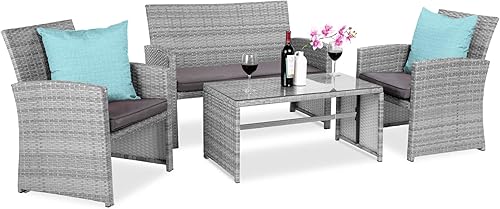 Best Choice Products juego de muebles de mimbre para patio, 4piezas, con 4asientos, mesa con parte superior de cristal templado, mimbre gris y