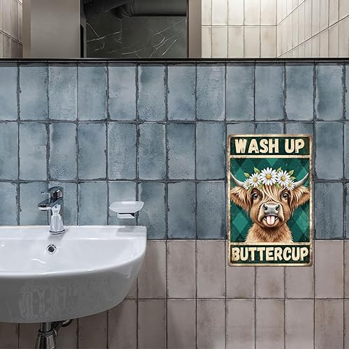 Miniatura 7 de GLOBLELAND Cartel de metal de 12 x 8 pulgadas con diseño de ganado de las tierras altas, diseño vintage "Wash Up Buttercup" de margaritas, letreros