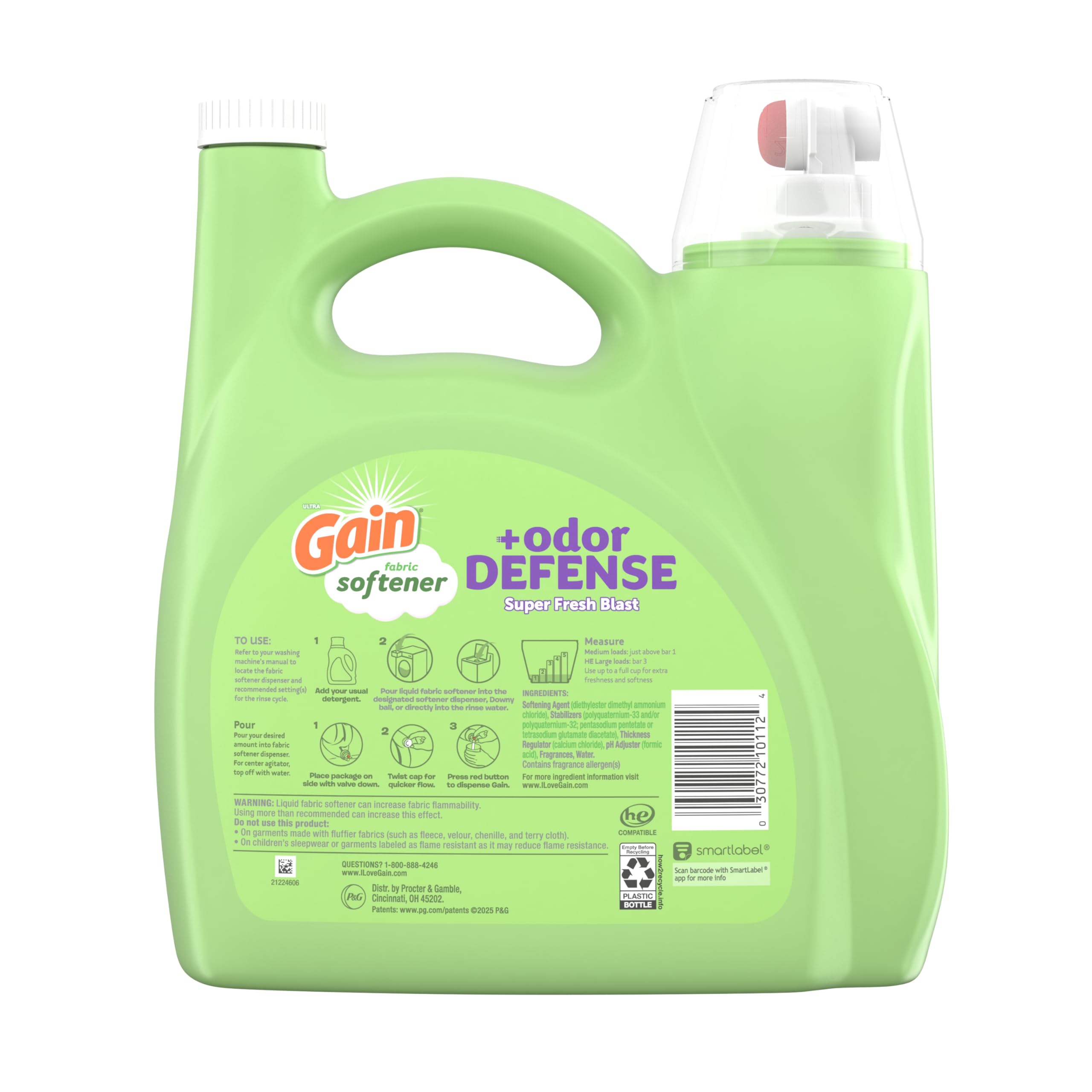 Gain Odor Defense Liquid Fabric Softener, Super Fresh Blast scent, 140 FL OZ, 190 loads, 2 in 1 Freshness plus Odor Protection