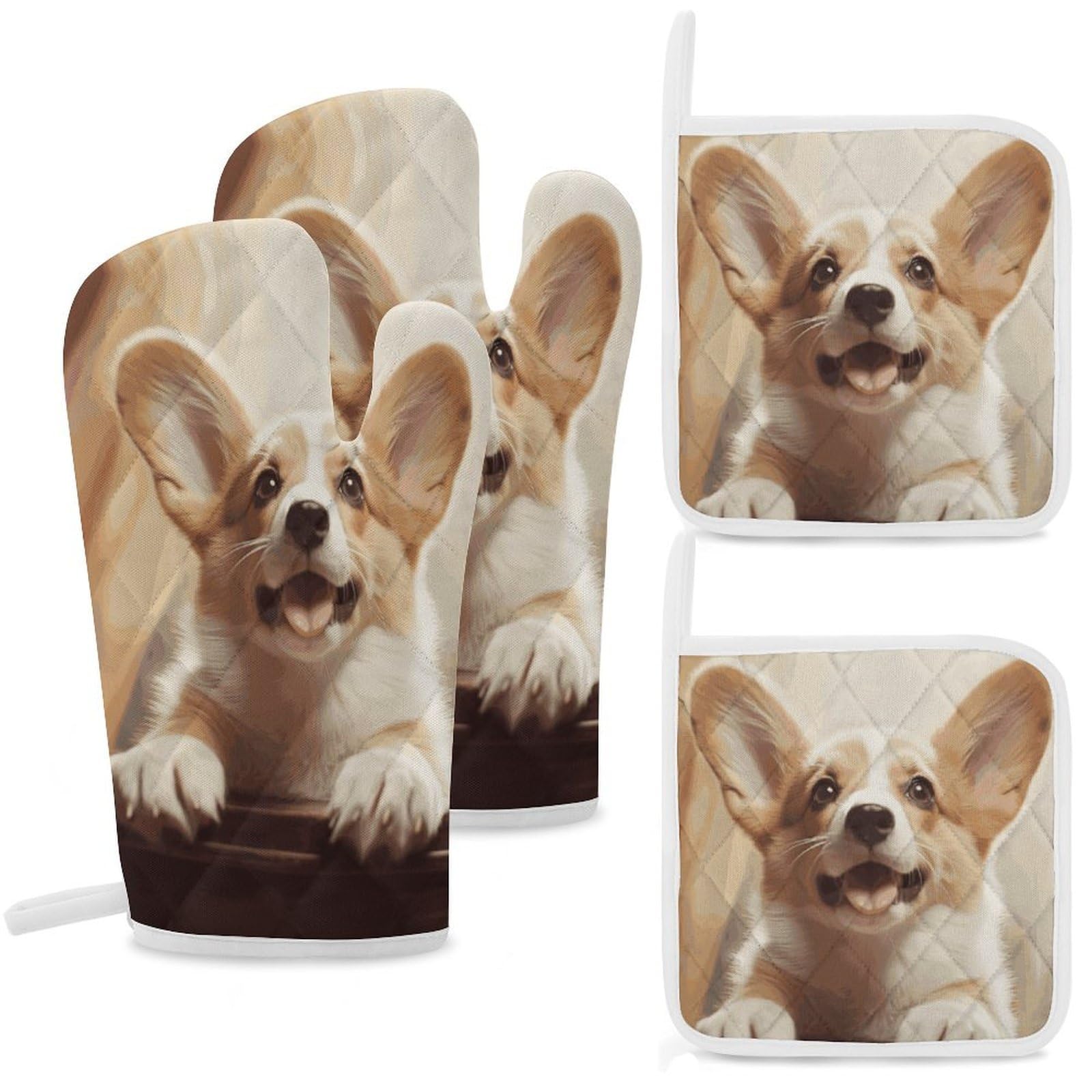 Cute Corgi Oven Mitts and Pot Holders Sets Heat Resistant Oven Glove with Hanging Loop for Baking Cooking BBQ Thicken Potholders for Kitchen