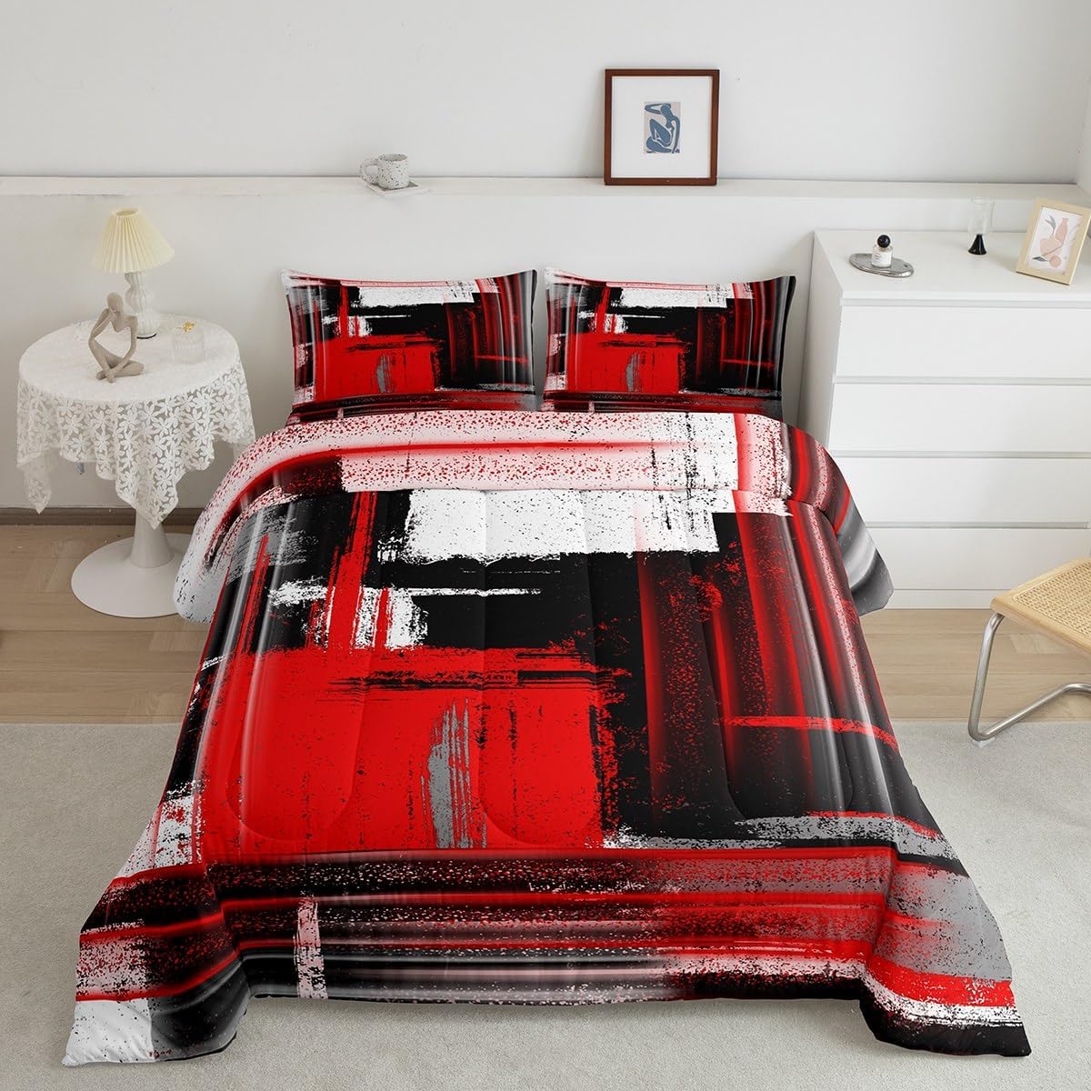 Feelyou Red Grey Black Bedding Set Kids Buffalo Check Reversible Comforter Set Abstract Comforter for Room Decor Modern Geometric Duvet Set Queen Size with 2 Pillow Case Multi 10 Queen