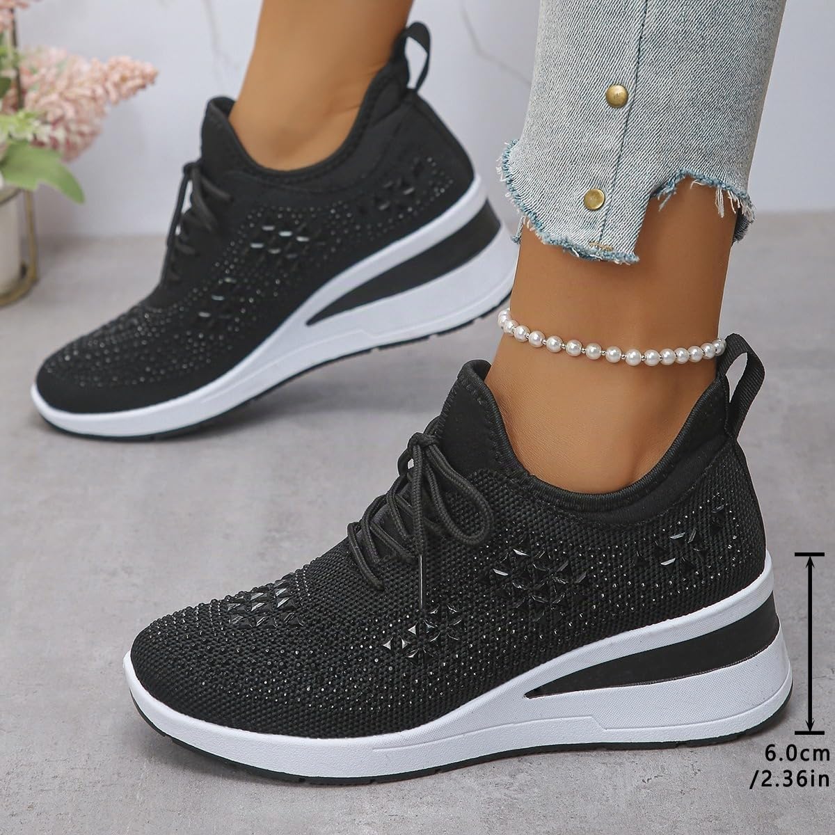 Damen-Sneaker mit glitzernden Strasssteinen, modisch, atmungsaktiv, Keilabsatz, Netzstoff, Schlupfschuhe, Wanderschuhe