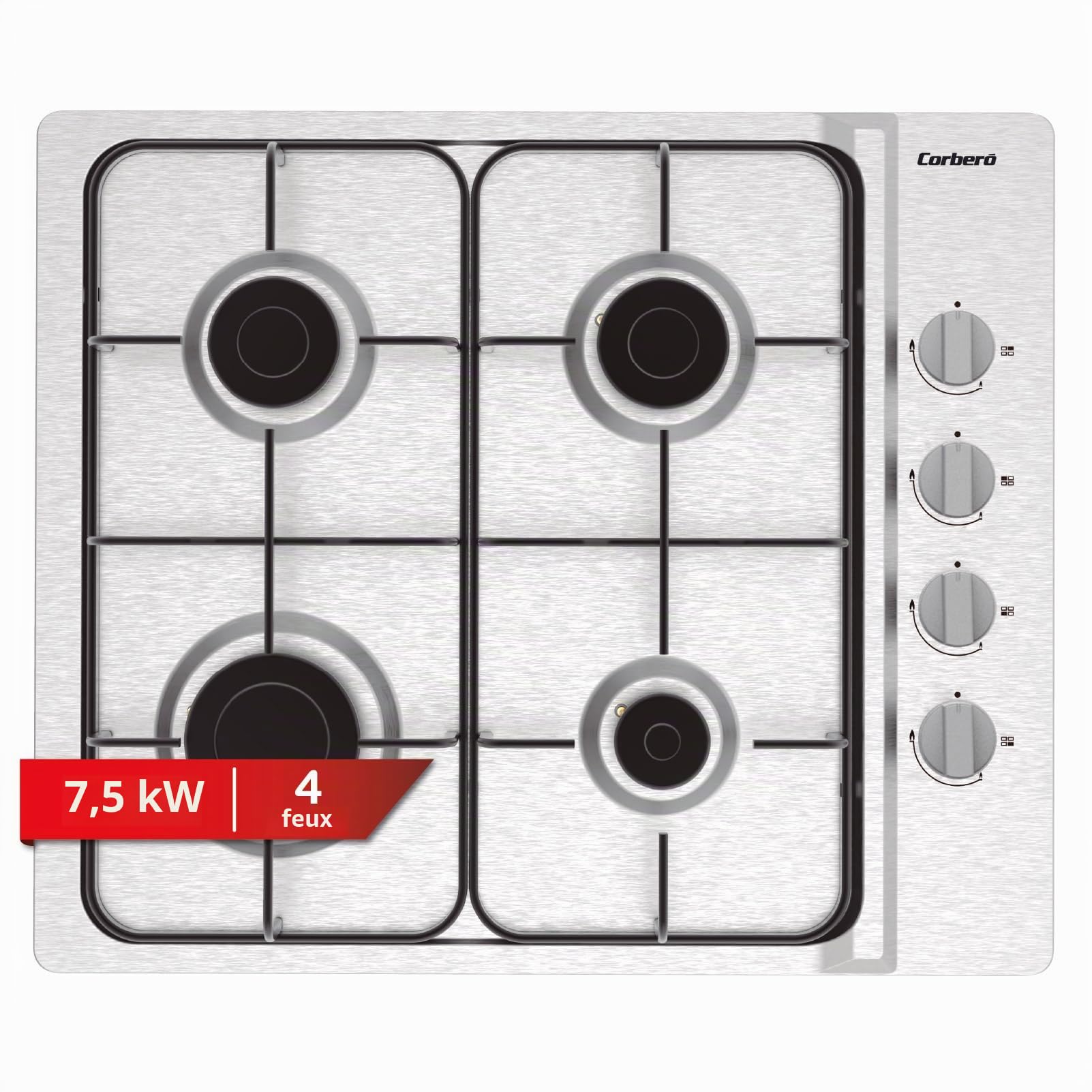 Corberó - Plaque de gaz 7,5 KwCPGS423X | 4 feux | gaz butane | Couleur inoxydable | Grille émaillée noire | Valve de sécurité coupure de gaz | Arrêt automatique de sécurité, inox, acier inoxydable