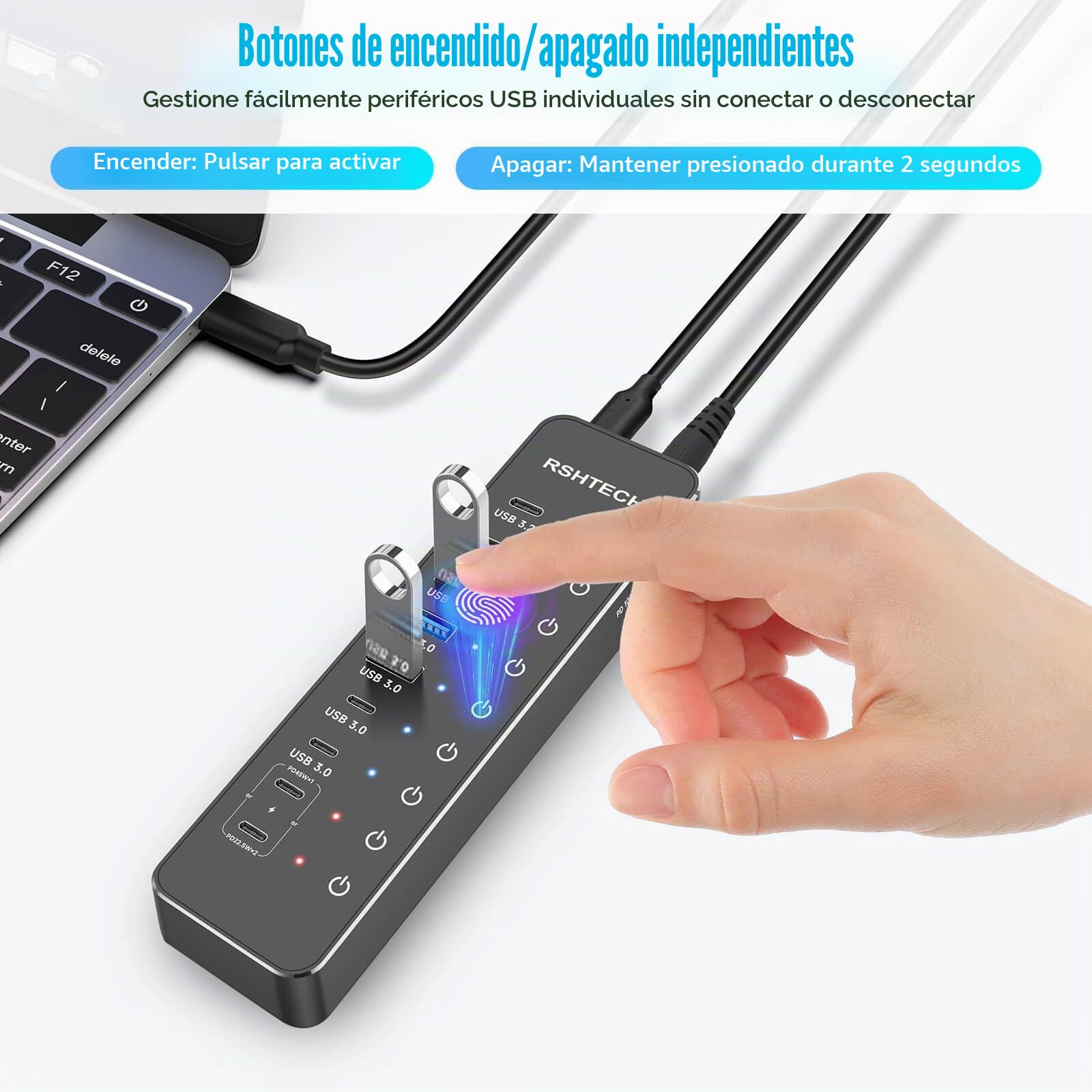 RSHTECH Hub USB Alimentado, 10 Puertos Hub USB C Que 3 Puertos USB 3.2 a 10Gbps (2C+1A), 4 Puertos USB 3.0 a 5Gbps (2C+2A), 2 Puertos USB-C de Carga Rápida a 45W, PD 100W, Adaptador 66W, RSH-ST10P