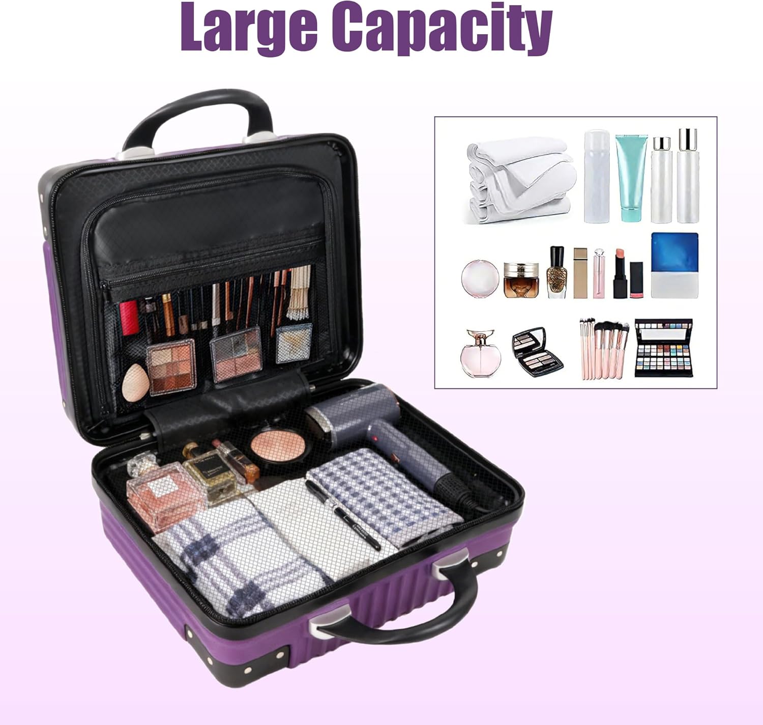 14 Inch Portable Makeup Travel Case Hand Luggage, Pressure-proof Carrying Makeup Case Suitcase with Elastic Band, Small Hard Case Toiletry Bag for Travel Camping Women Girl-Purple