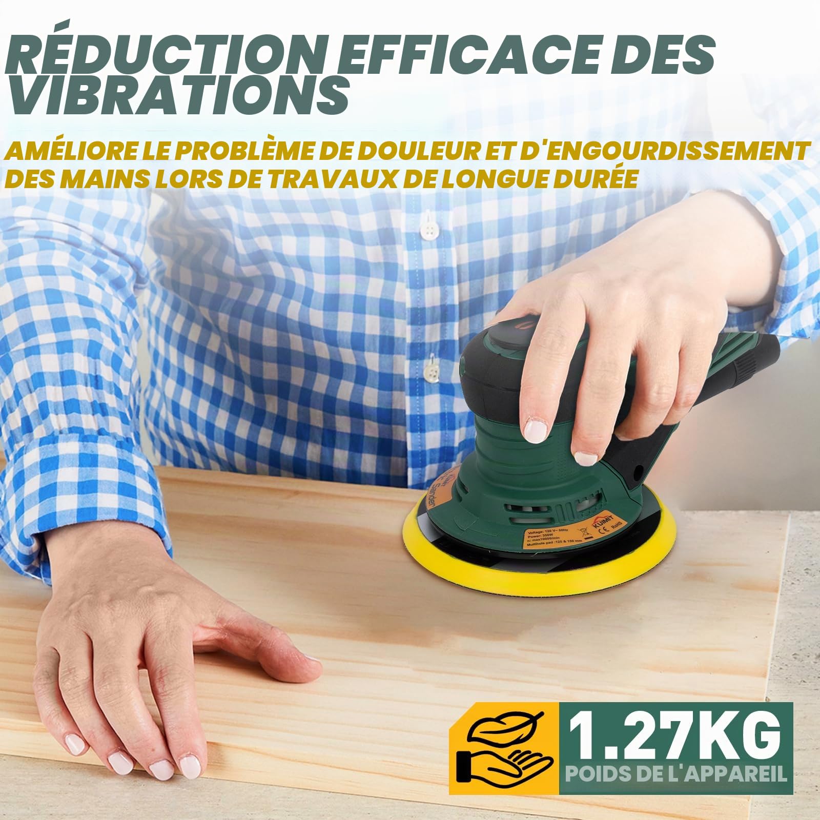 Ponceuse orbitale aléatoire, Moteur sans balai de 350W avec plateau double 125/150mm, Vitesse variable 4000-10000 tr/min, pour travaux sans poussière sur parquets, carrosseries et projets DIY
