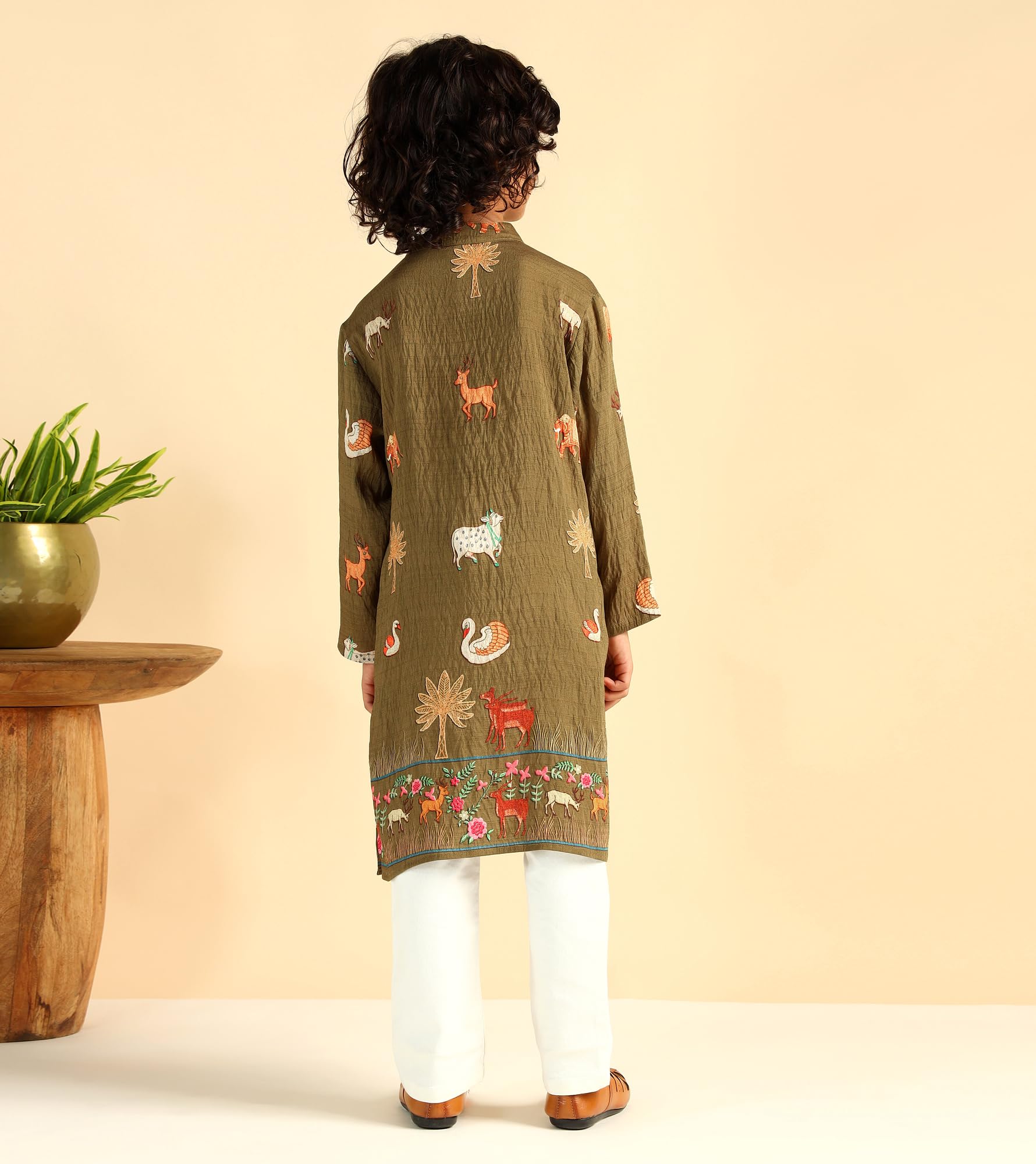 Bugandbees Boys Nylon Knee Length Kurta|Full Sleeve|Mandarin Collar|Kids Clothes for Boys Dress 5-6 Years Ethnic Wear|Fancy Traditional Dress|One Piece(BBKUB00000334_5-6Y_Olive Green) 2
