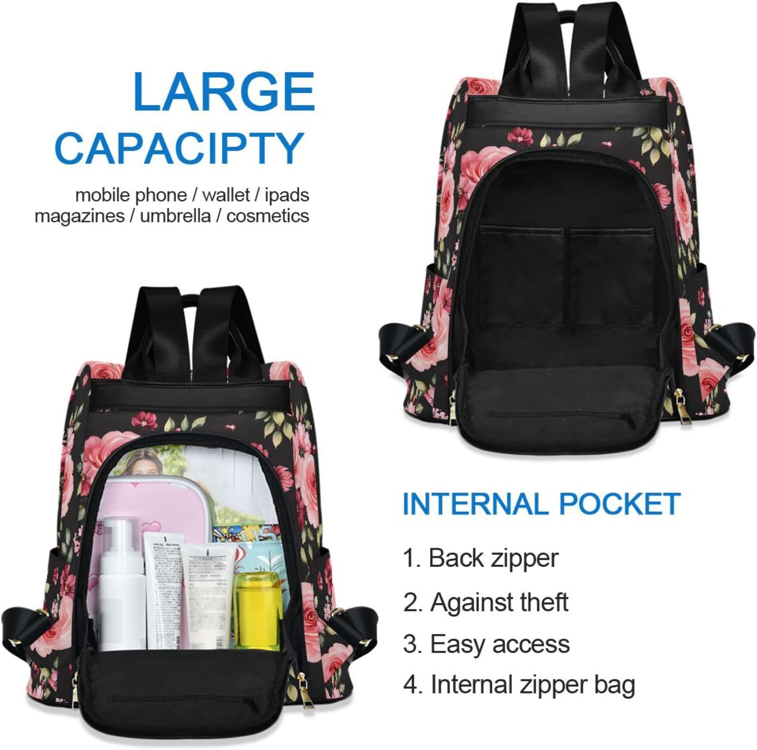 ALAZA Rose Flowers Floral Black Backpack Purse for Women Anti Theft Fashion Back Pack Shoulder Bag