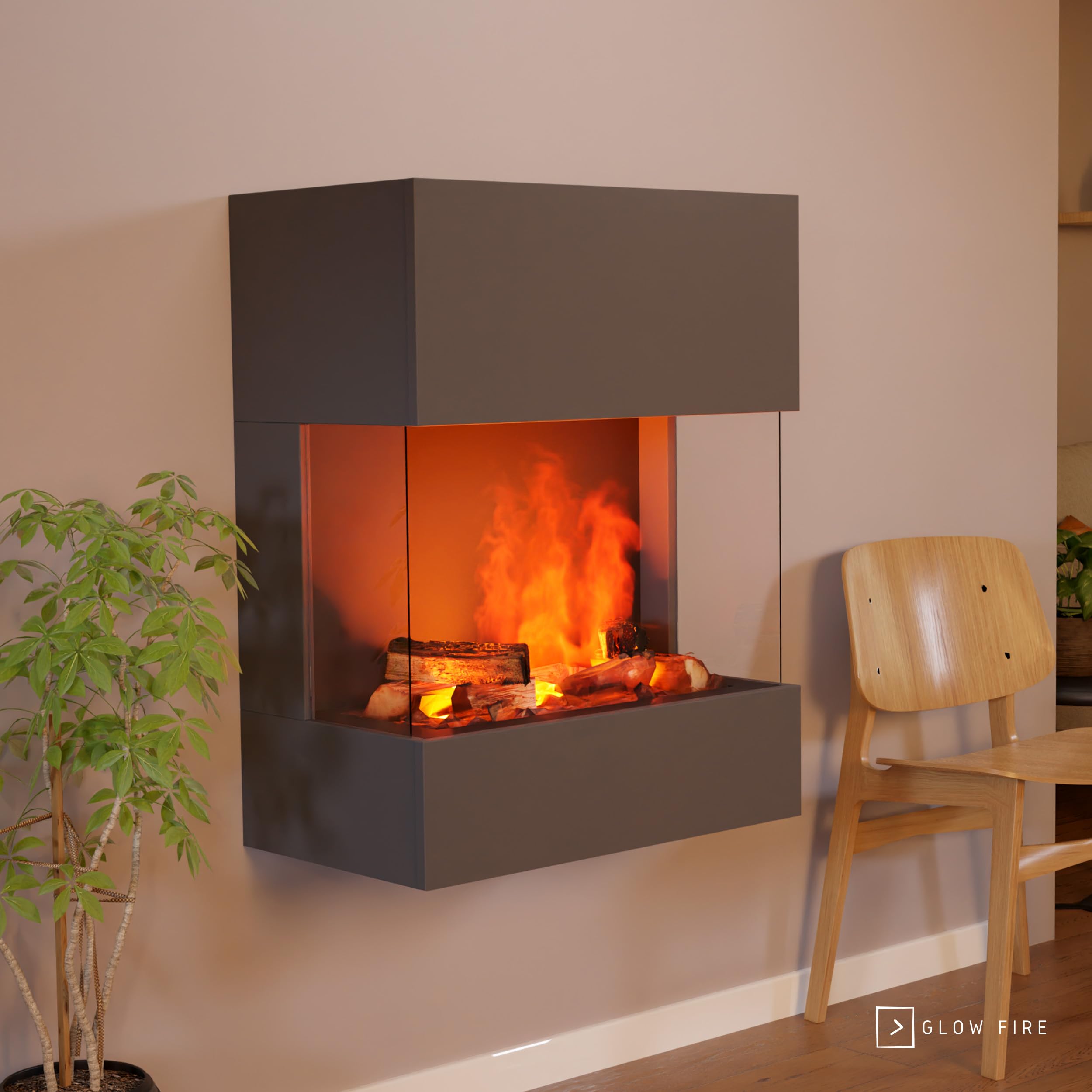 GLOW FIRE Wasserdampf Kamin KÄSTNER WALL (Wandkamin) - Elektrokamin mit realistischen LED 3D-Flammen, Knistereffekt & Fernbedienung, 70x89x40 cm - Opti-Myst 600 Elektro Kamin, Grau