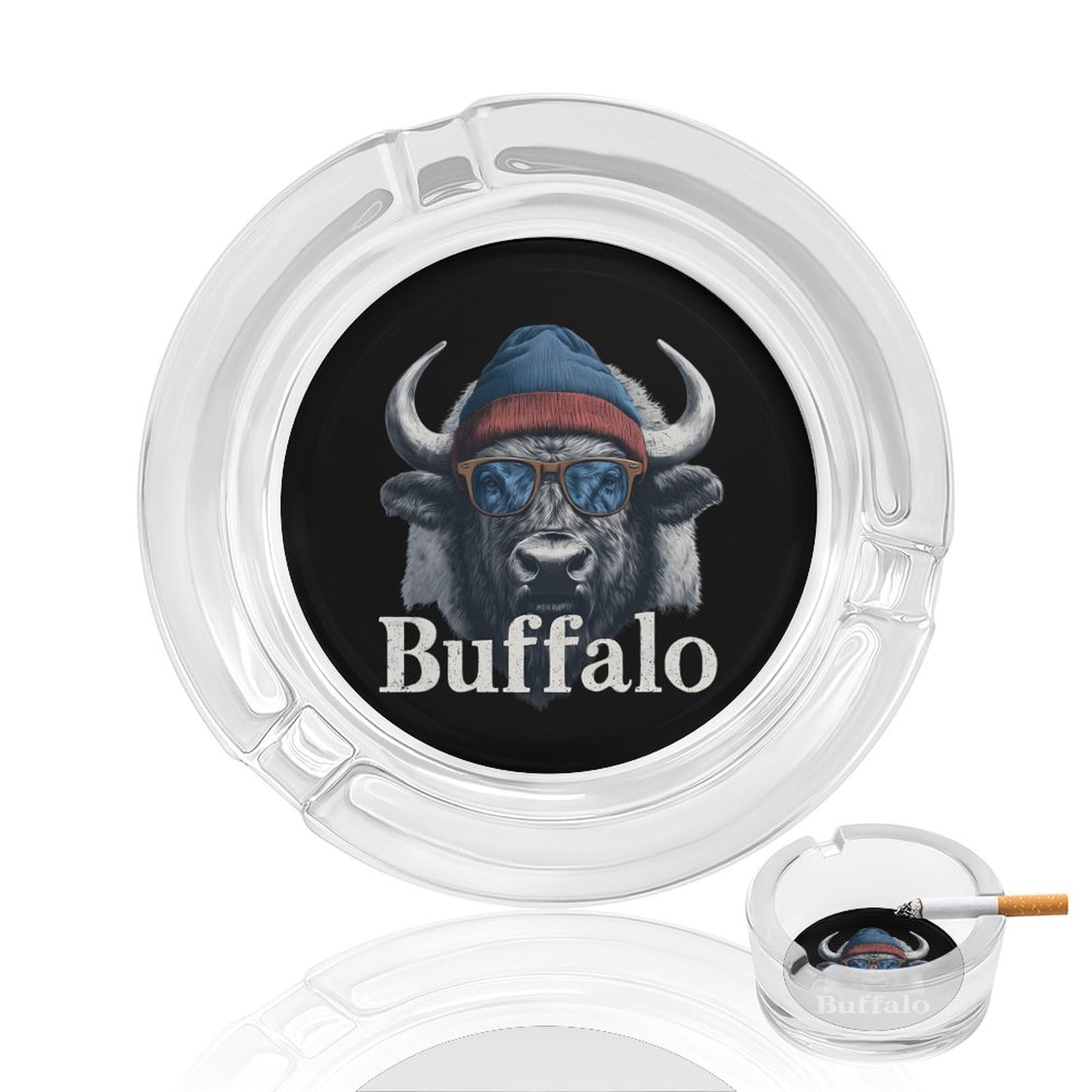 Buffalo Mascot Ashtray Portable Round Glass Outdoor Ash Tray for Home Office Garden Pub