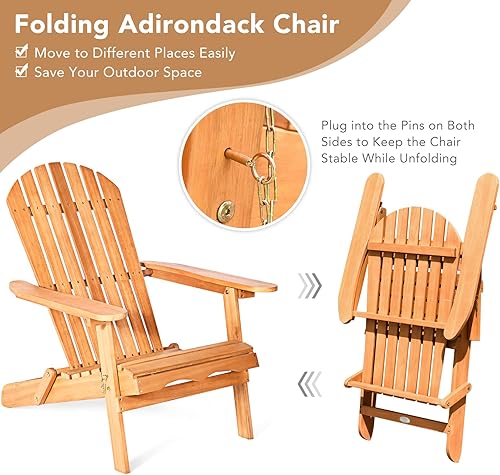 Miniatura 5 de HAPPYGRILL Silla Adirondack de madera de eucalipto de 2 piezas, silla tumbona plegable para porche, terraza, patio, piscina y patio trasero