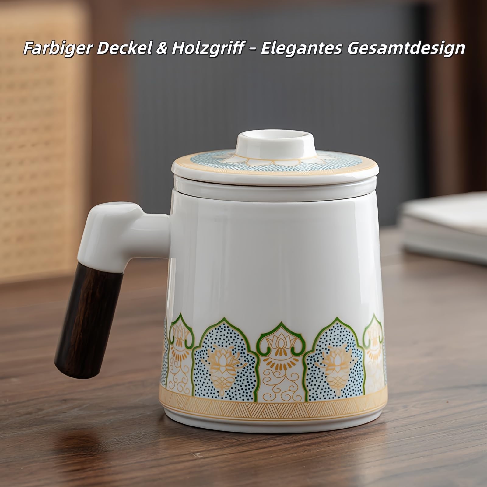 Teetasse mit Deckel & Sieb 400ml, Keramik Becher mit Holzgriff & Porzellanfilter für Büro, Haushalt oder Geschenk (Elfenbein - 4 Stück)