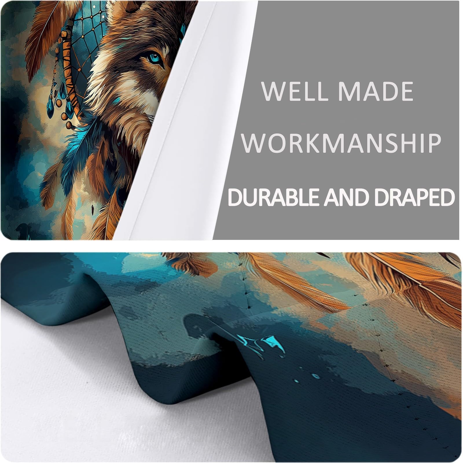 Generisch Blickdicht Vorhang Ösenschal Verdunkelungsvorhang 3D Traumfänger Wolfskopf Gardinen Kinderzimmer Wohnzimmer Thermovorhang Polyester H183 x B117 cm 2Er Set