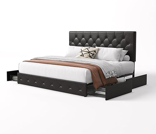 Miniatura 8 de SHA CERLIN Base de cama tapizada tamaño King con 4 cajones cabecera ajustable con diseño de botón de diamante de piel sintética soporte de listones