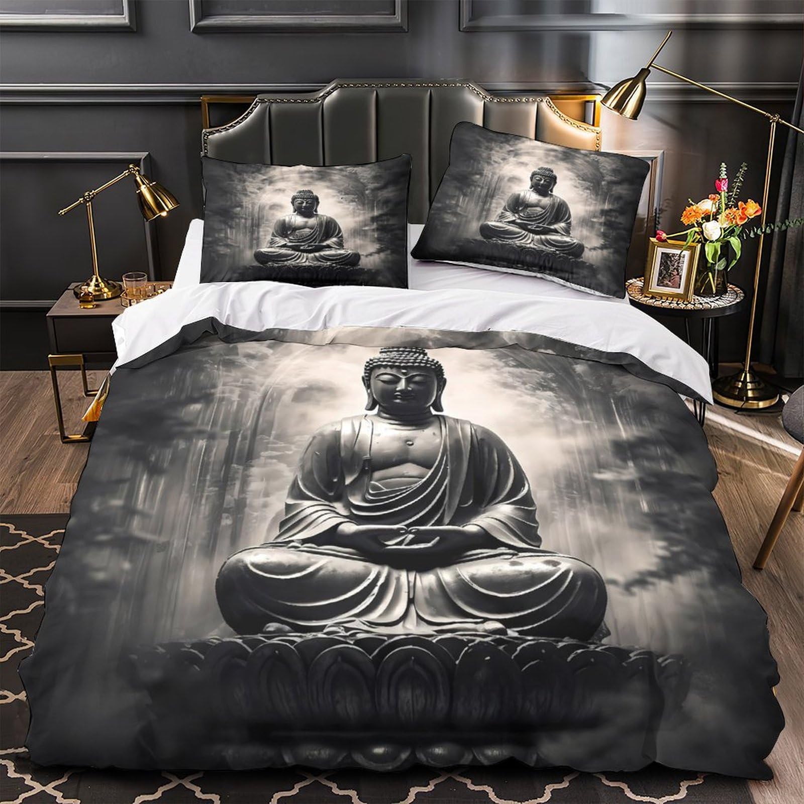 Housse de couette Bouddha 140x200 anti-plis avec fermeture éclair pour lit 1 personne