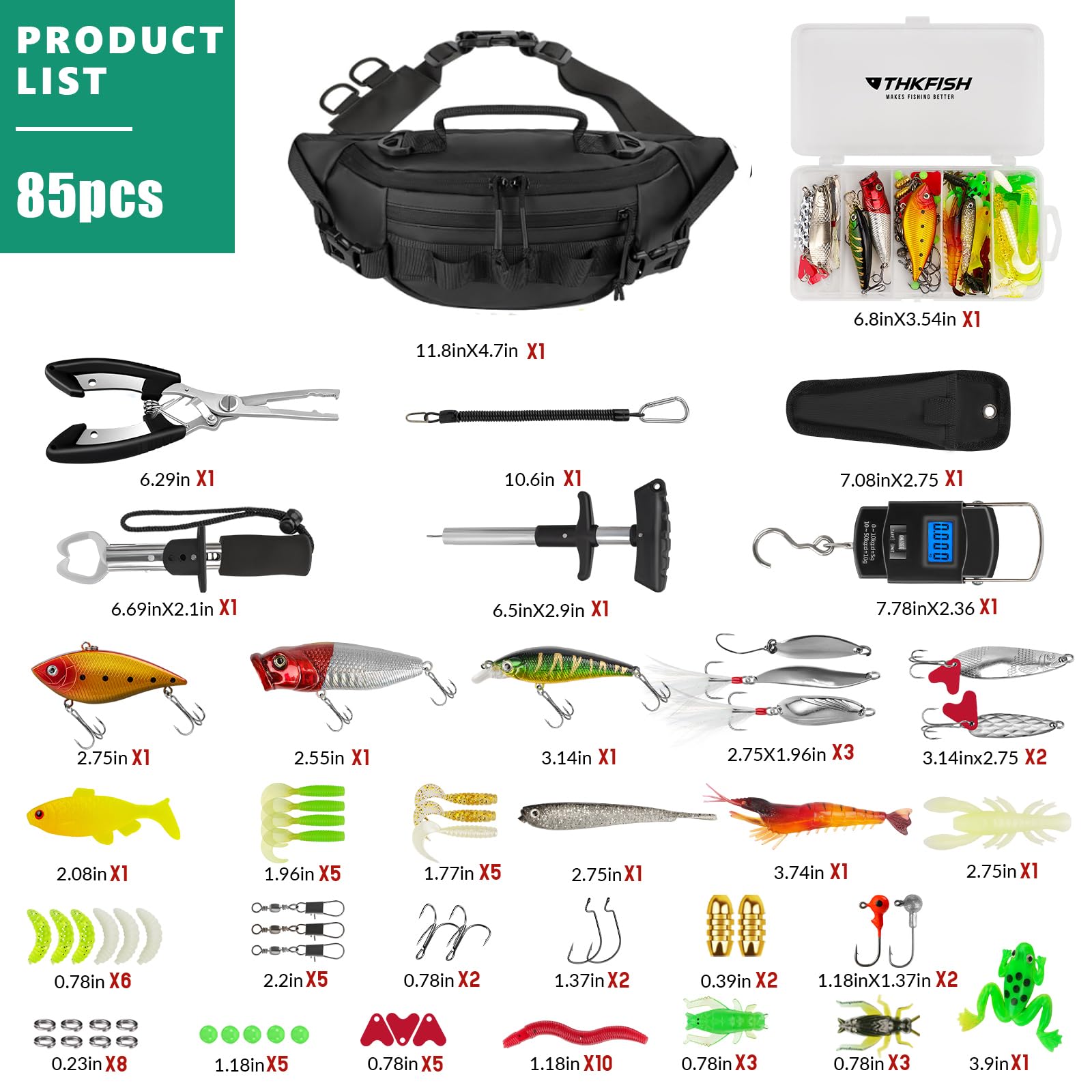 THKFISH Kit di attrezzi da pesca con marsupio, pinze, esche, bilancia digitale, 85 pezzi