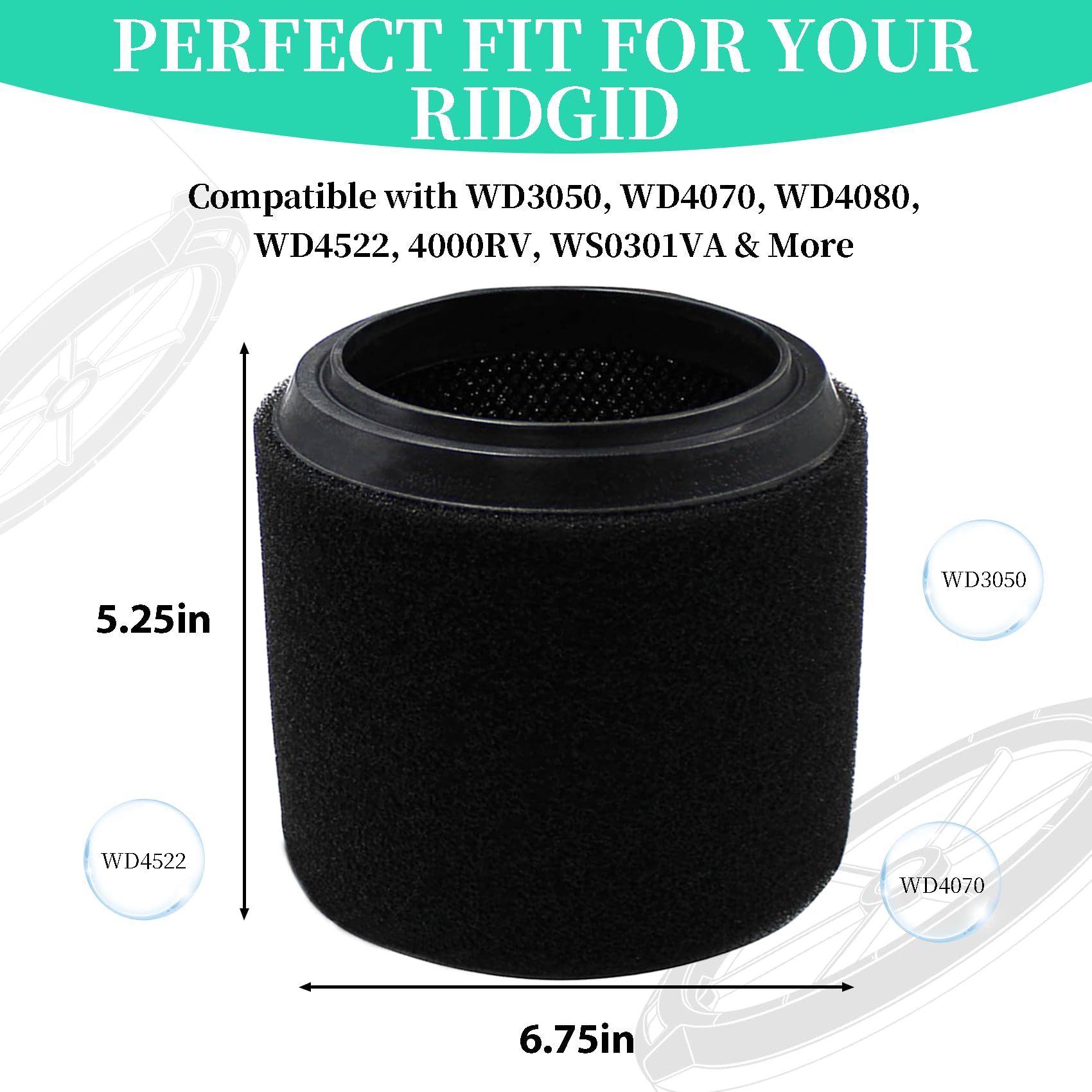 Confezione da 4 filtri VF3700 compatibili con aspirapolvere Ridgid Vac da 3-4,5 galloni, filtro in schiuma per applicazione a umido, compatibile con WS0301VA WS0400DE WS14045