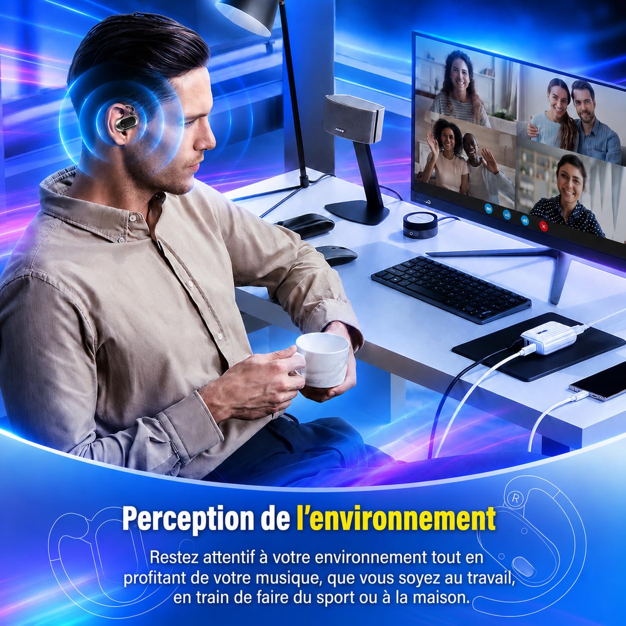 Écouteurs Bluetooth sans Ouverts, 2026 HiFi Écouteurs Bluetooth 5.4 à Conduction Aérienne, Oreillette sans Fil Sport avec 4 ENC Mic, IP7 Étanche Oreillette Bluetooth Android/iOS
