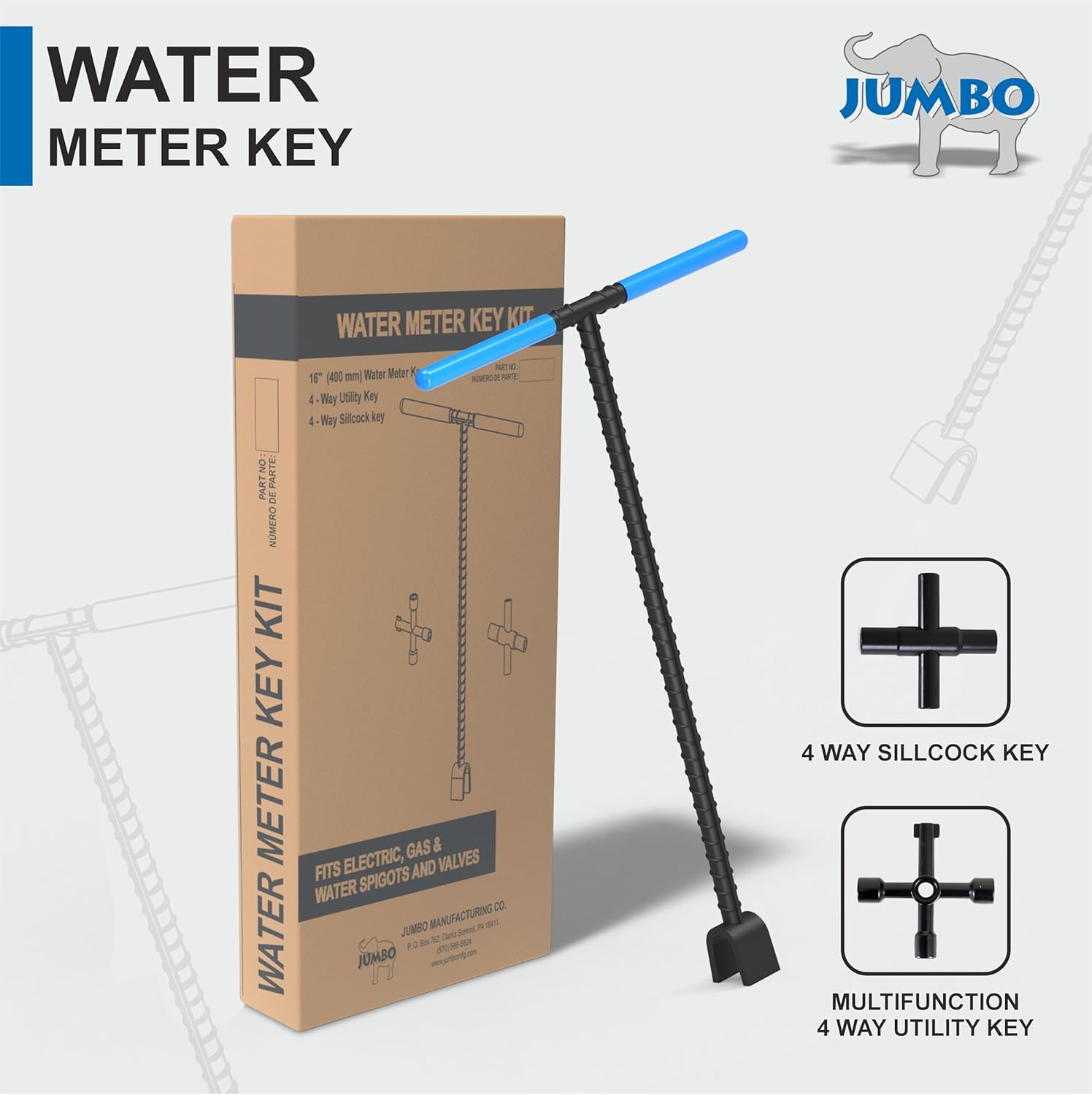JUMBO 16" Water Meter Key with 4 Way Sillcock Key and 4 Way Multi Utility Key