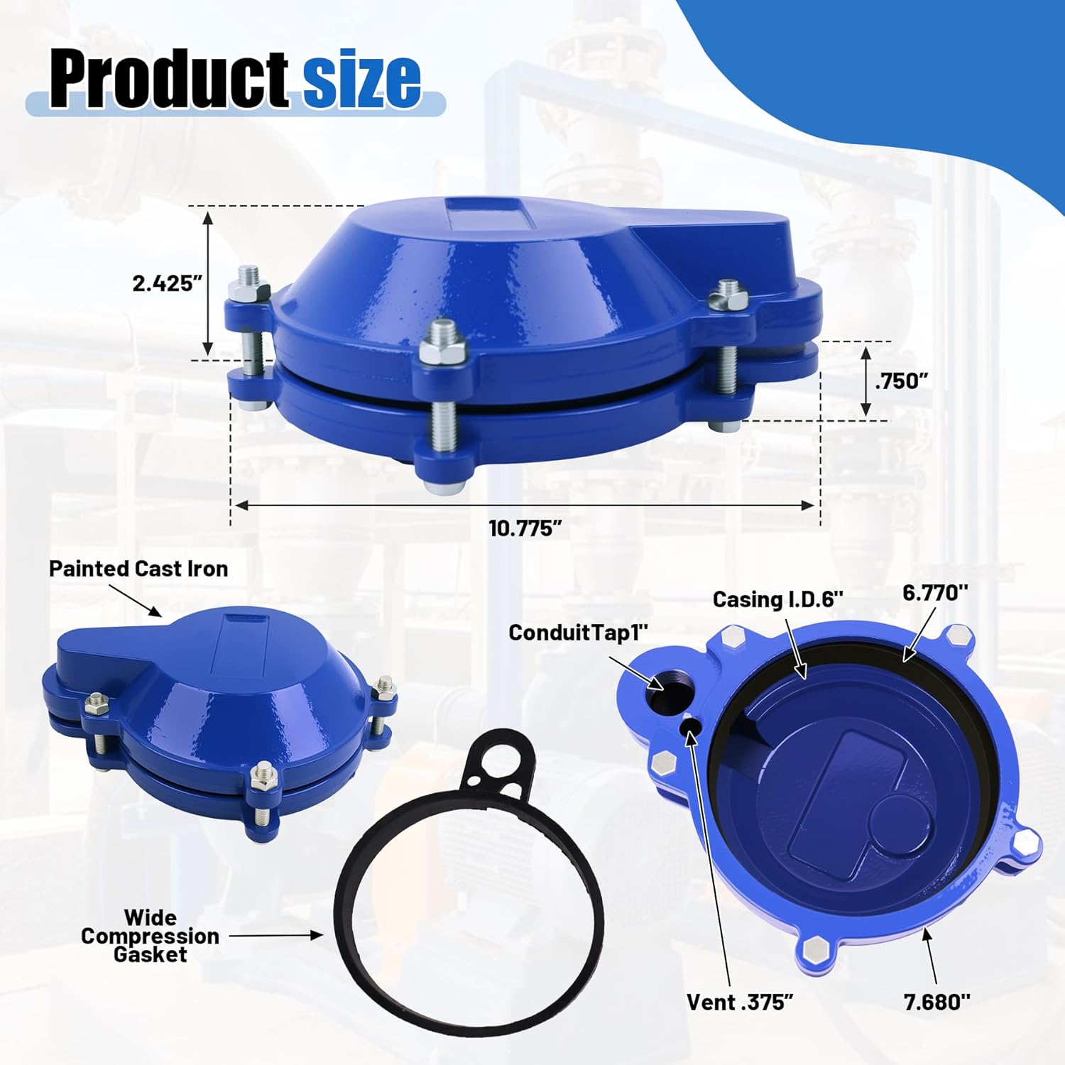3/8" Vent 6-Inch Watertight Well Cap, Sanitary Pitless Adapter Cover, Heavy Duty Cast Iron, Blue