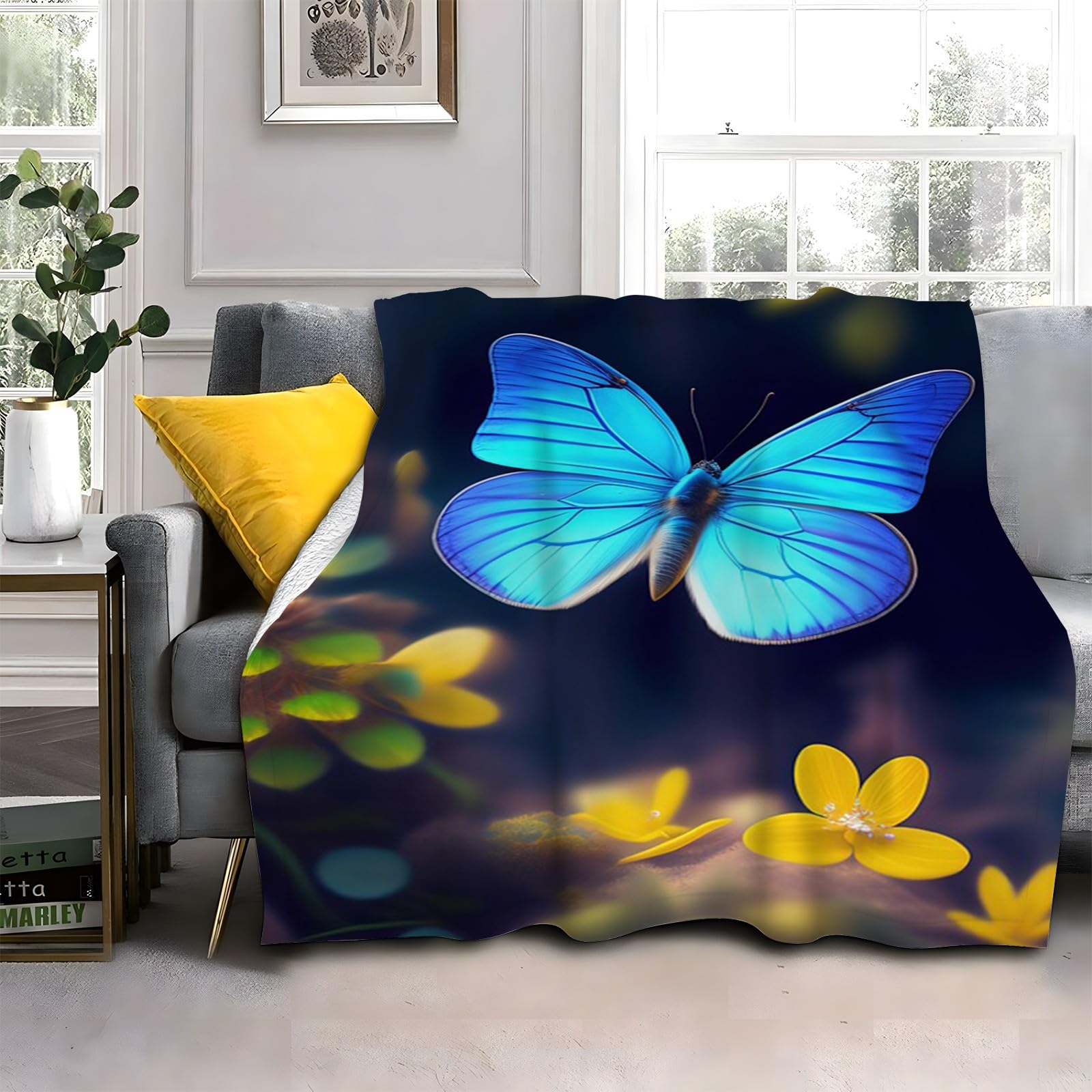 Couverture flanelle douce de qualité supérieure motif papillon bleu pour literie moderne