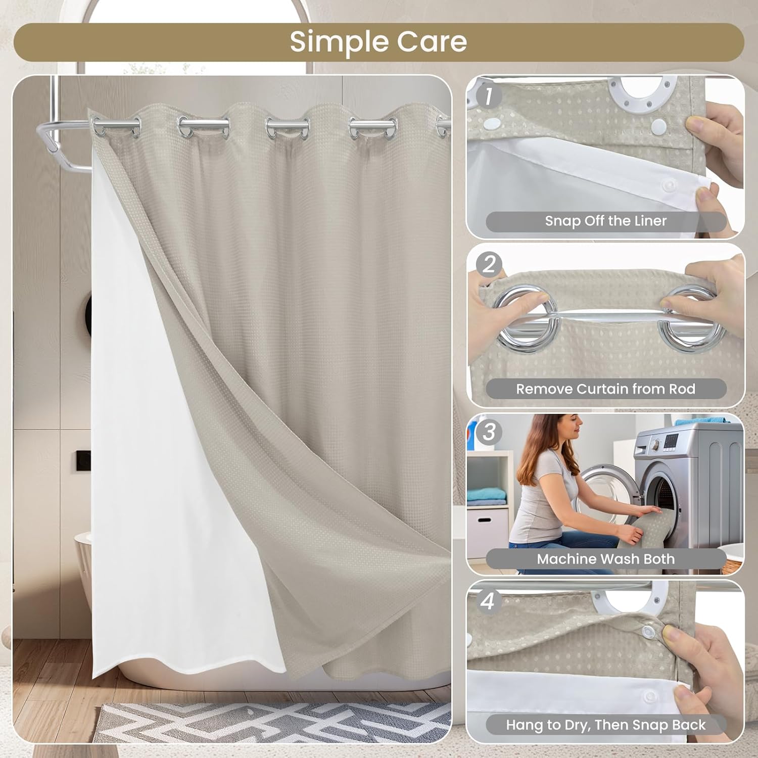 Clean Slate Series No Hook Shower Curtain, 230 GSM Waffle Weave, Snap-in Liner, Heavy-Duty Soft Fabric, 4 Hem Magnets, Water-Repellent Bath Curtain (Khaki, 72" W x 74" L(Pack of 1))