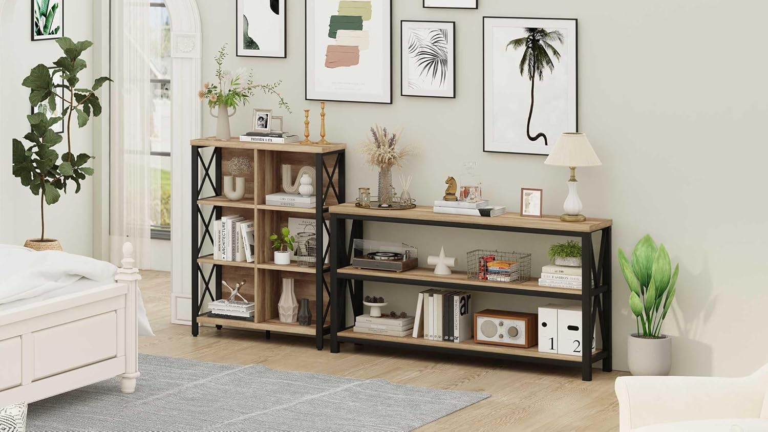 FATORRI Console Table and 6 Cube Storage Organizer (Rustic Oak) Home & Kitchen