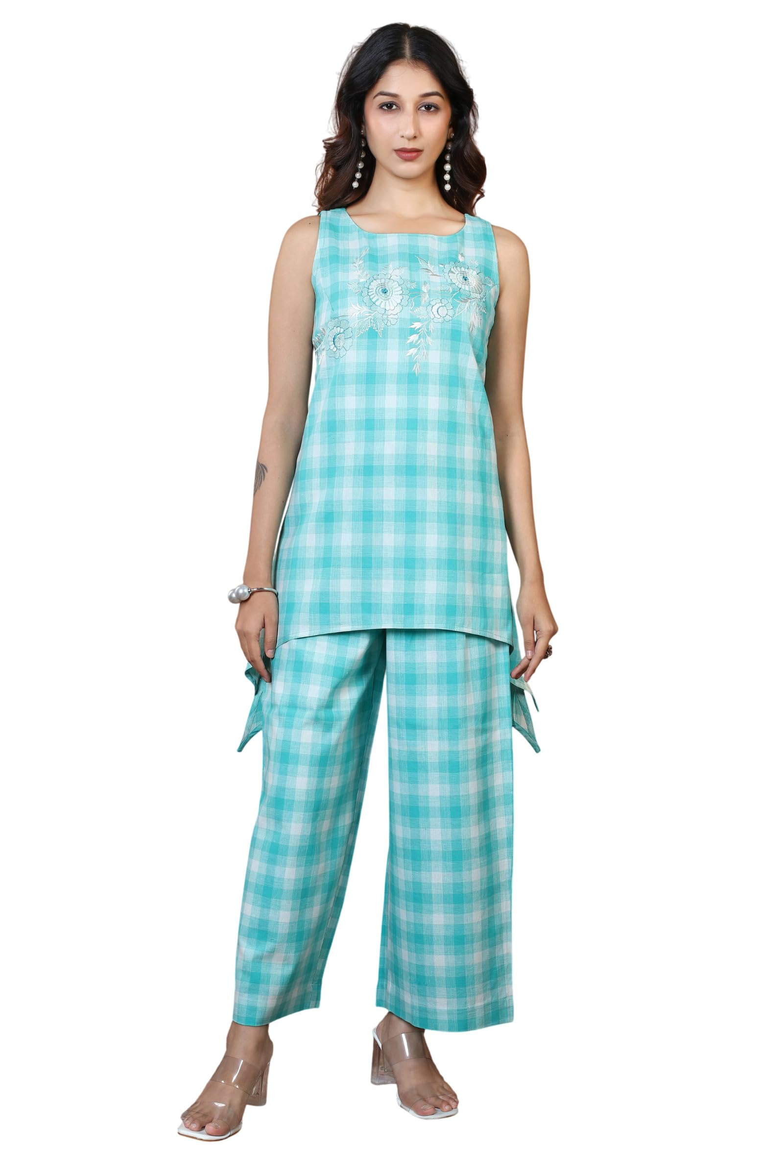 Turquoise Pure Cotton Embroidered Check Co-Ord Set-M-image-48
