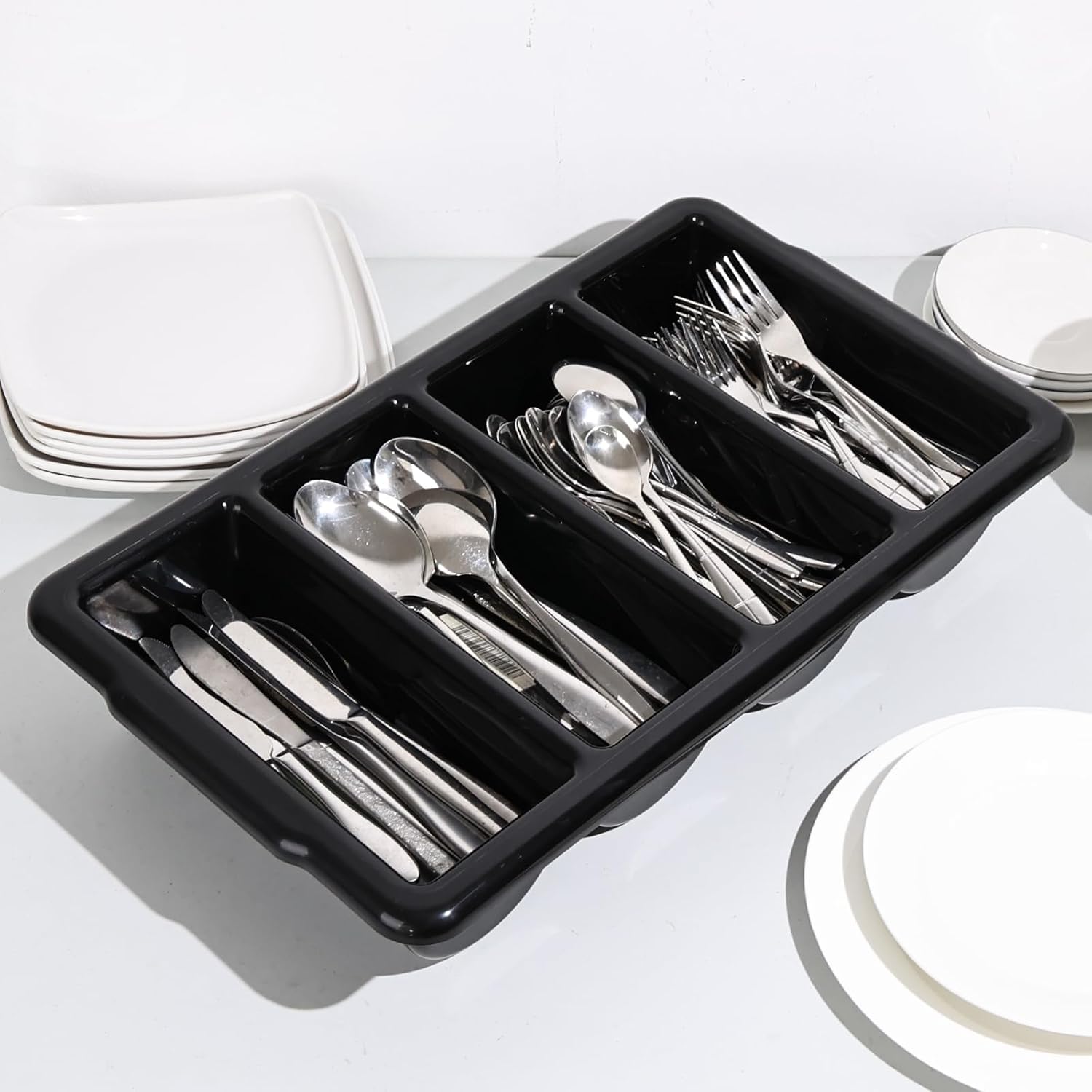 4 Compartments Plastic Silverware Holder Trays, Large Commercial Cutlery Organizer, Black, 4 Pack