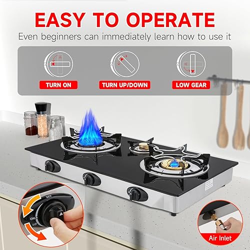 Miniatura 4 de Cocina de gas propano, estufa de gas de 3 quemadores portátil, vidrio templado de 0.28 pulgadas, encendido automático, 3 quemadores GLP para RV,