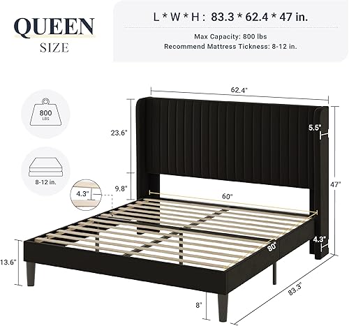 Miniatura 63 de Allewie Marco de cama de terciopelo de tamaño matrimonial, cabecera capitoné vertical con respaldo de ala, plataforma tapizada, listones de madera