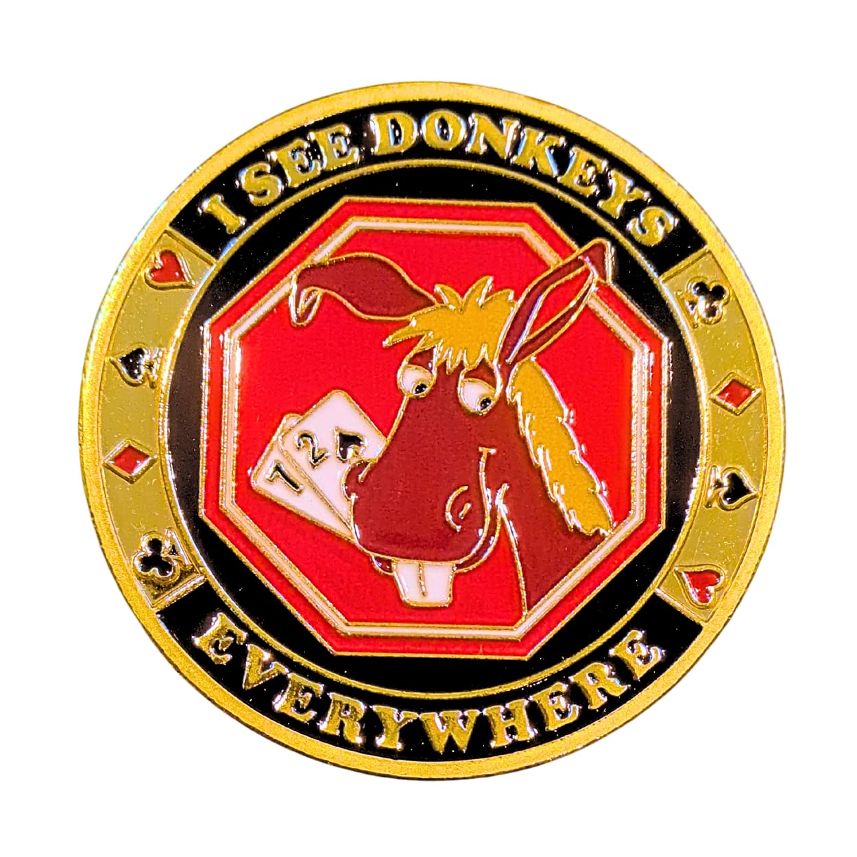 Poker Totems Poker Card-Guard | 30g Gold Card Protector Chip | 8 Styles To Choose from | Plastic Protector Case Included | Poker Accessories | 40mm Gold Coin (I See Donkeys Everywhere)